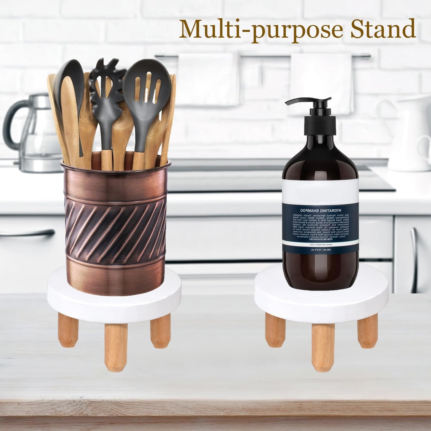 Decorative Round Wood Desktop Plant Stand Mid Century Kitchen Counter Pedestal Stand / White