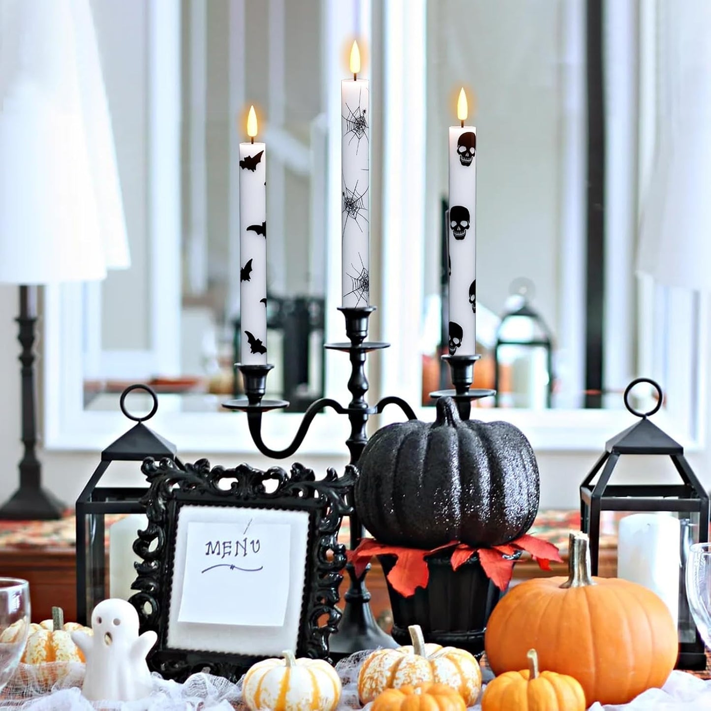 GenSwin Halloween Flameless Taper Candle Spider Web/Skull/Bats Remote Timer | Real Wax, Halloween Party Home Decor