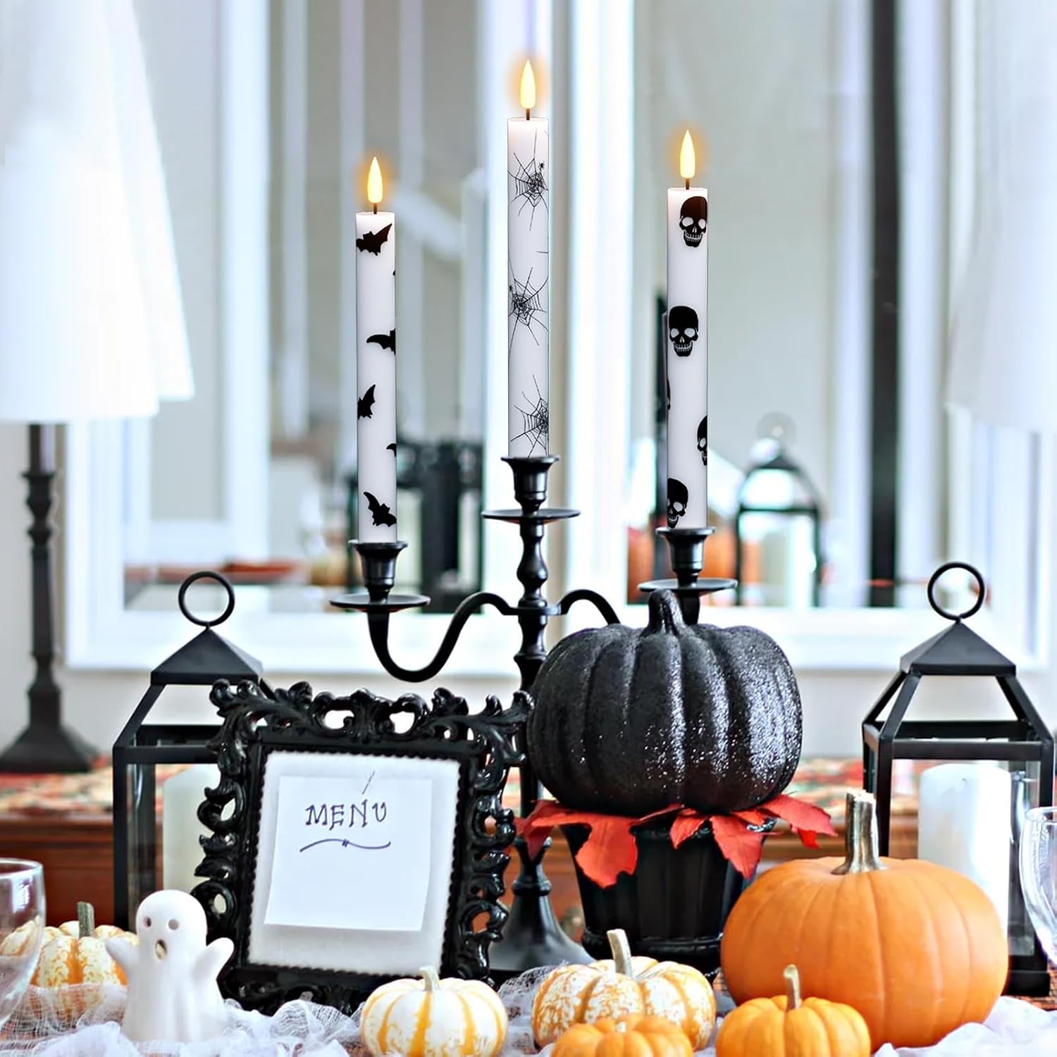 GenSwin Halloween Flameless Taper Candle Spider Web/Skull/Bats Remote Timer | Real Wax, Halloween Party Home Decor