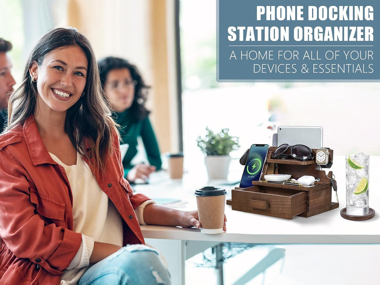 Wood Phone Docking Station with Drawer, Compatible with Apple Watch - Wood Charging Station Organizer Stand, Bedside