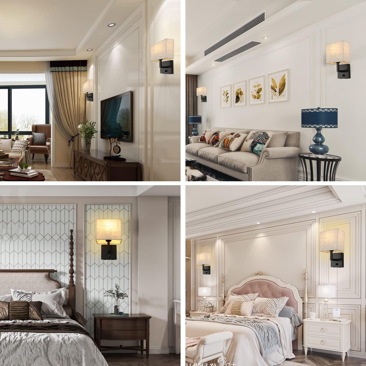 Bedside Wall Mount Light with Dimmer Switch and Two USB Charging Port, Fabric Linen Shade Wall Sconces Light with Plug