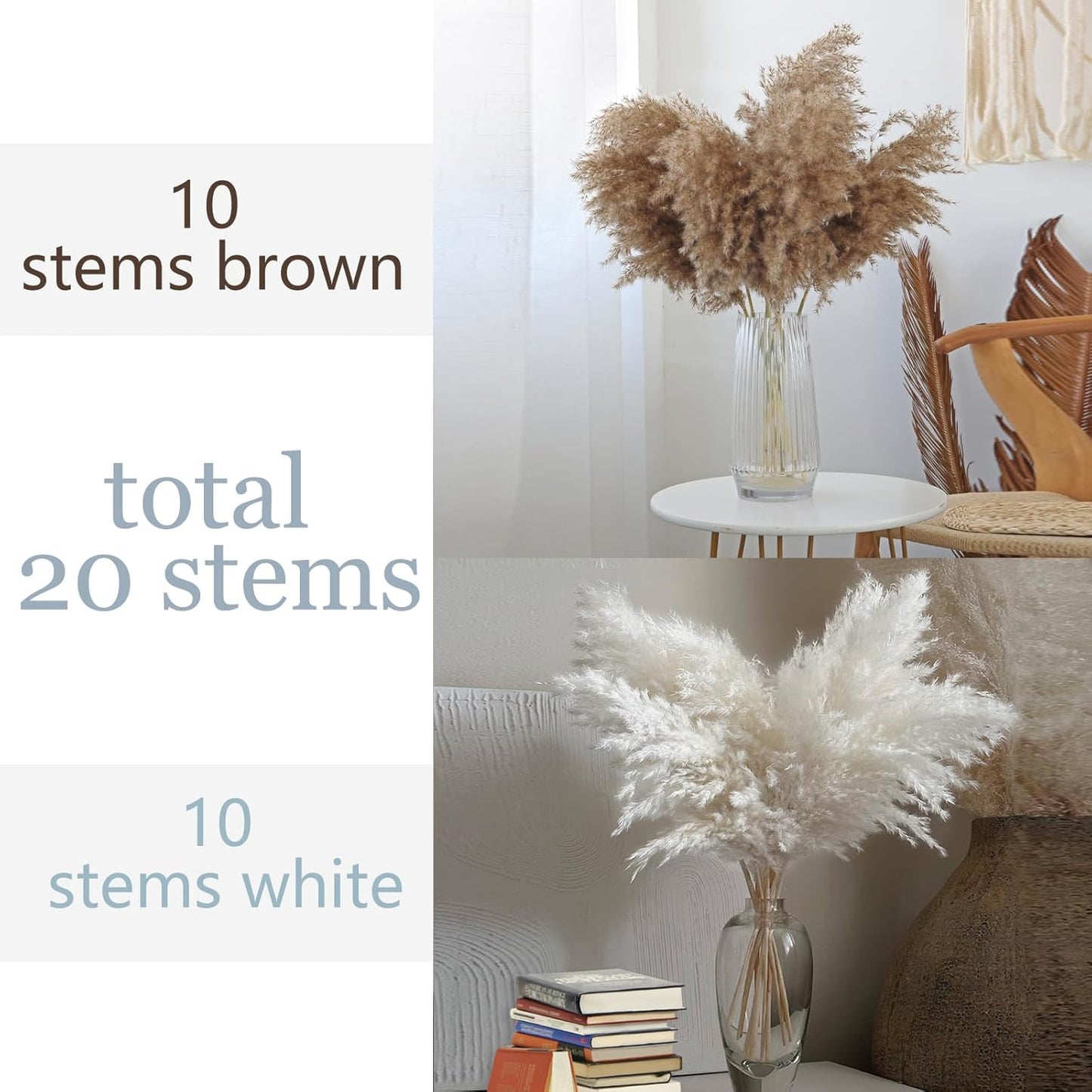 Fluffy & White Pampas Grass Decor Tall Pompas Grass / 10brown & 10white / Brown / Set of 20