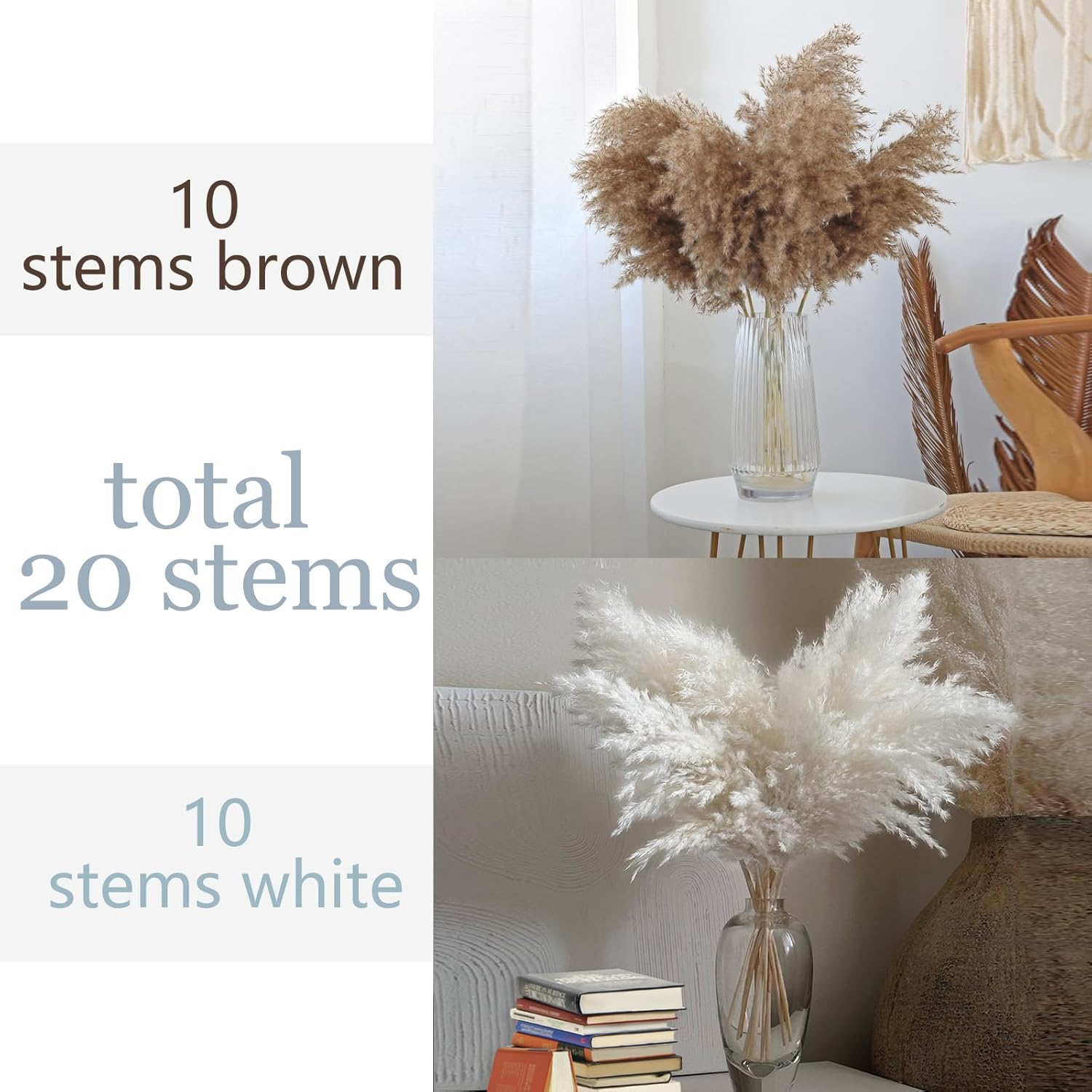 Fluffy & White Pampas Grass Decor Tall Pompas Grass / 10brown & 10white / Brown / Set of 20