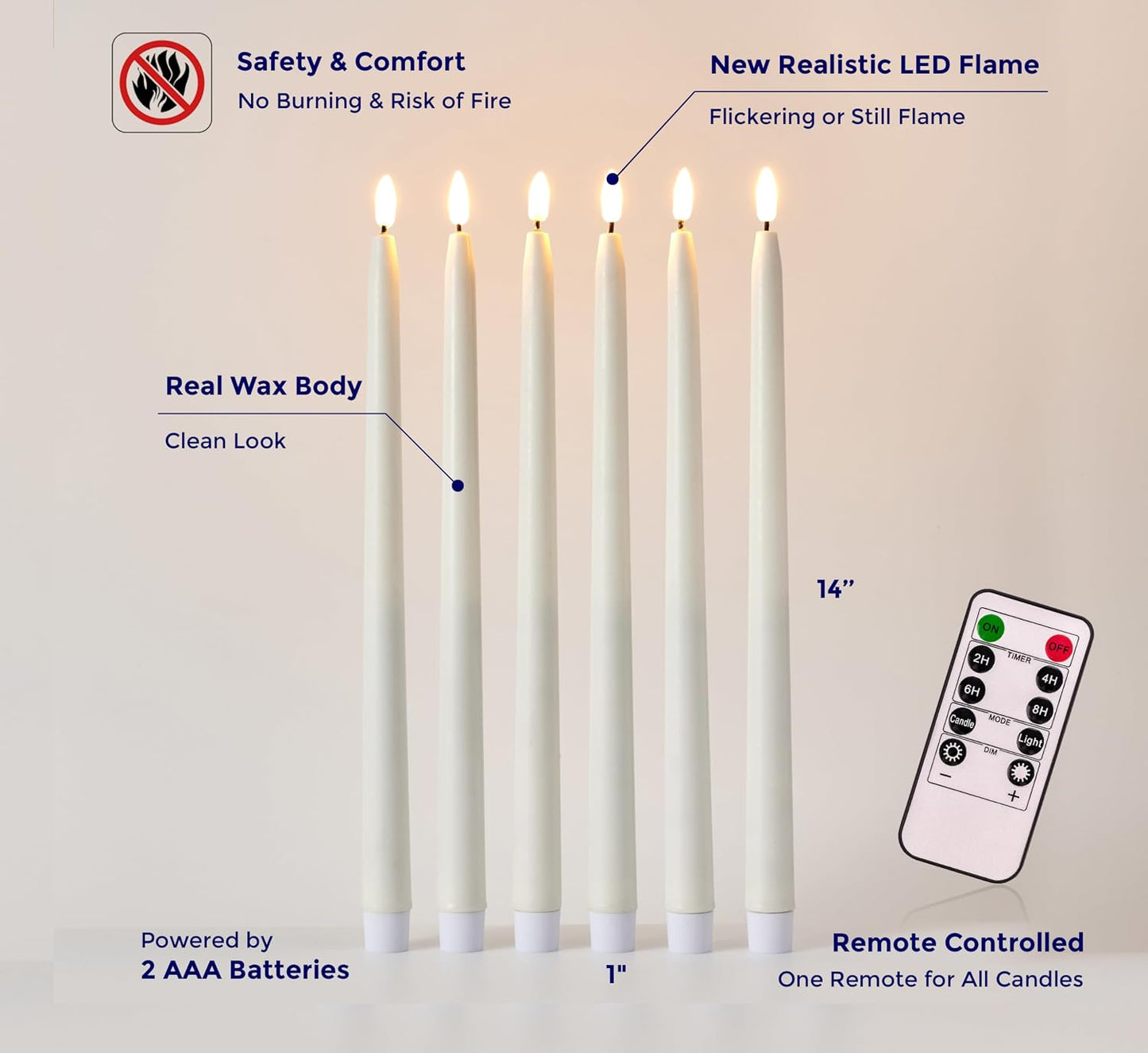 VENTA Set of 6 Flameless Taper Candles with Remote | 14-Inch Ivory LED Candlesticks with Timer | Realistic Flickering
