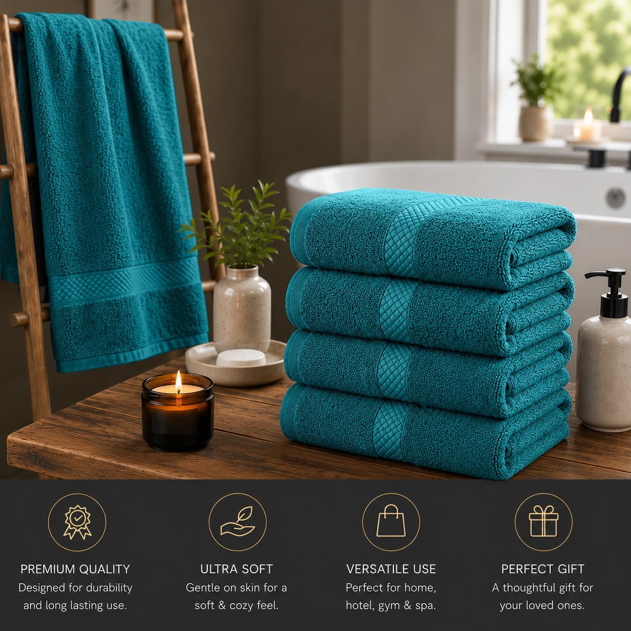 DAN RIVER 600 GSM Cotton Large Bath Towels Set of 4, 27 x 54 Inches, Teal | Larger & Lighter Weight Towels for Bathroom