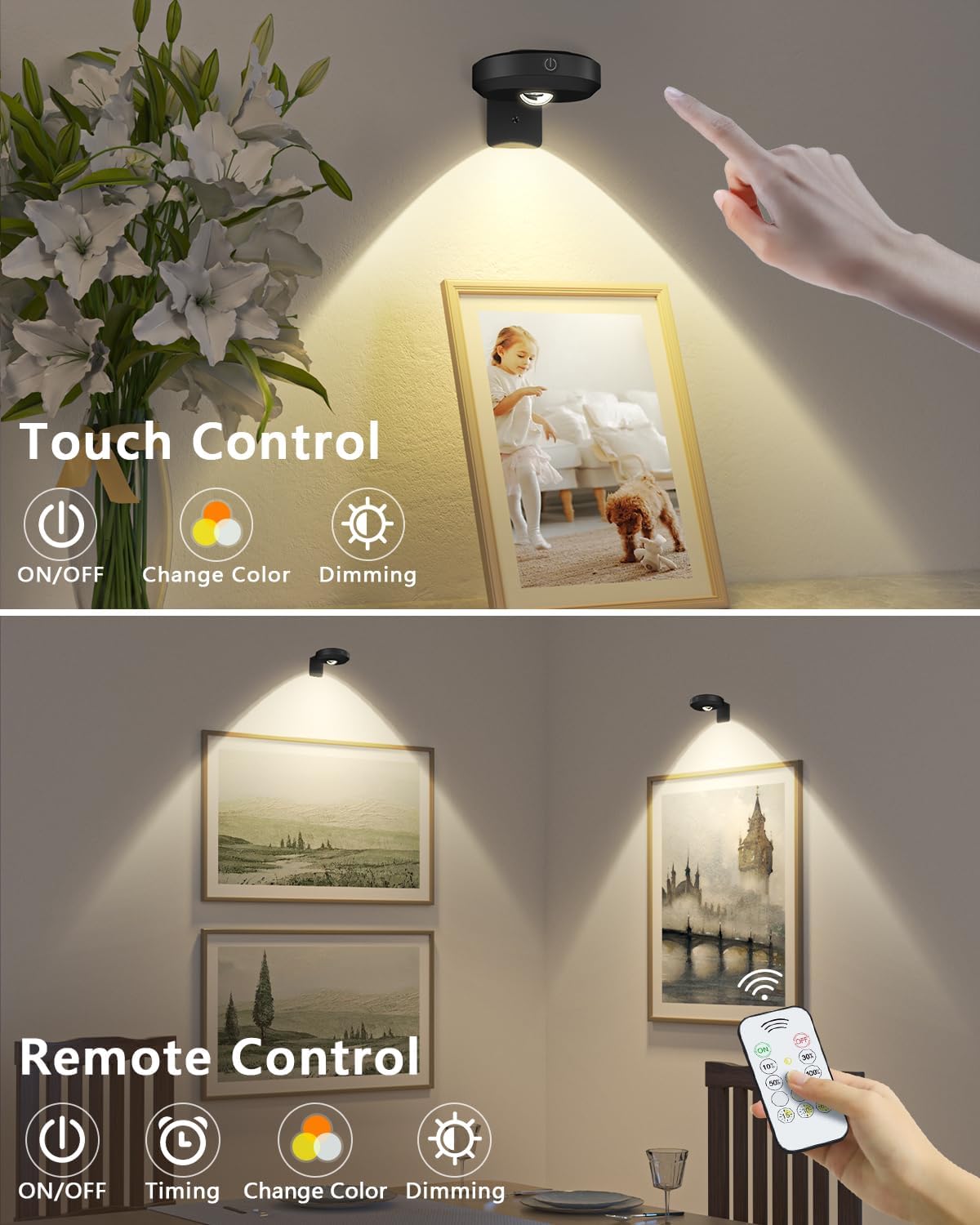 WILLED Rechargeable Picture Lights for Wall,Battery Operated Frame Lights | Dimmable Magnetic Puck Lights with