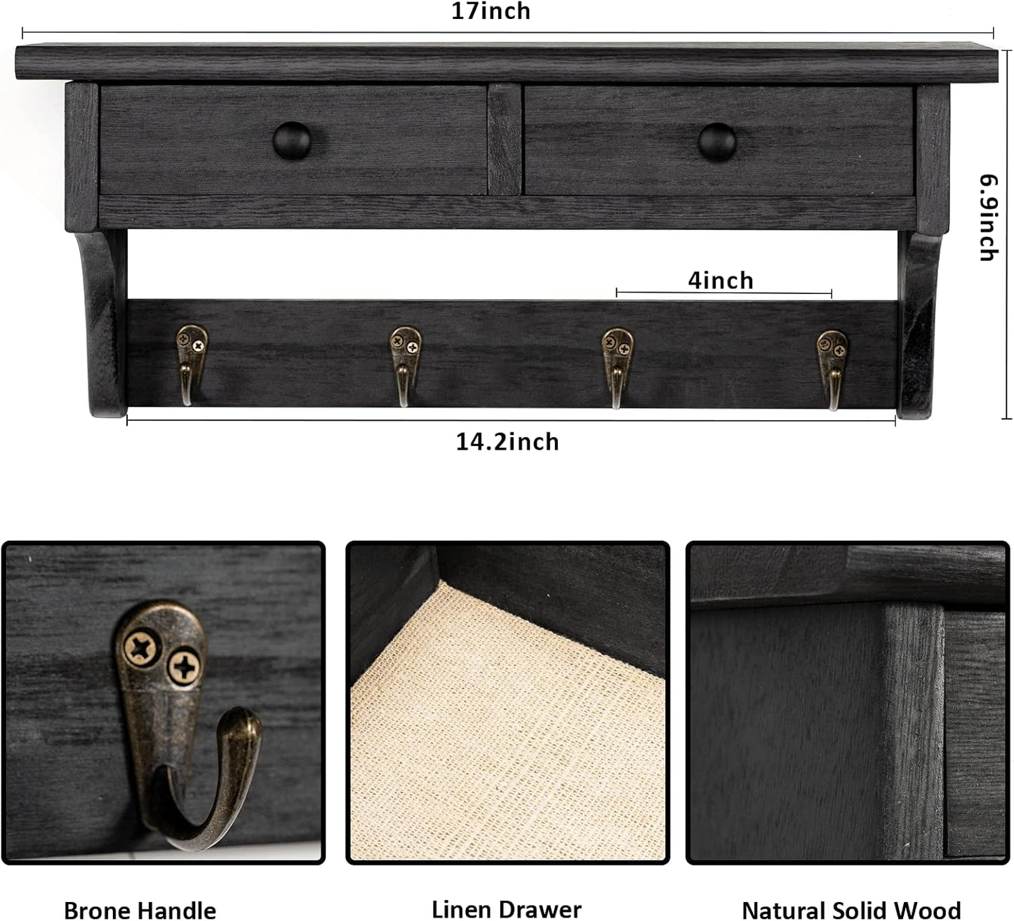 Emfogo Wood Coat Hooks Wall Mounted, Rustic Style with 4 Hooks & Shelf for Entryway, Mudroom, Bedroom, Kitchen