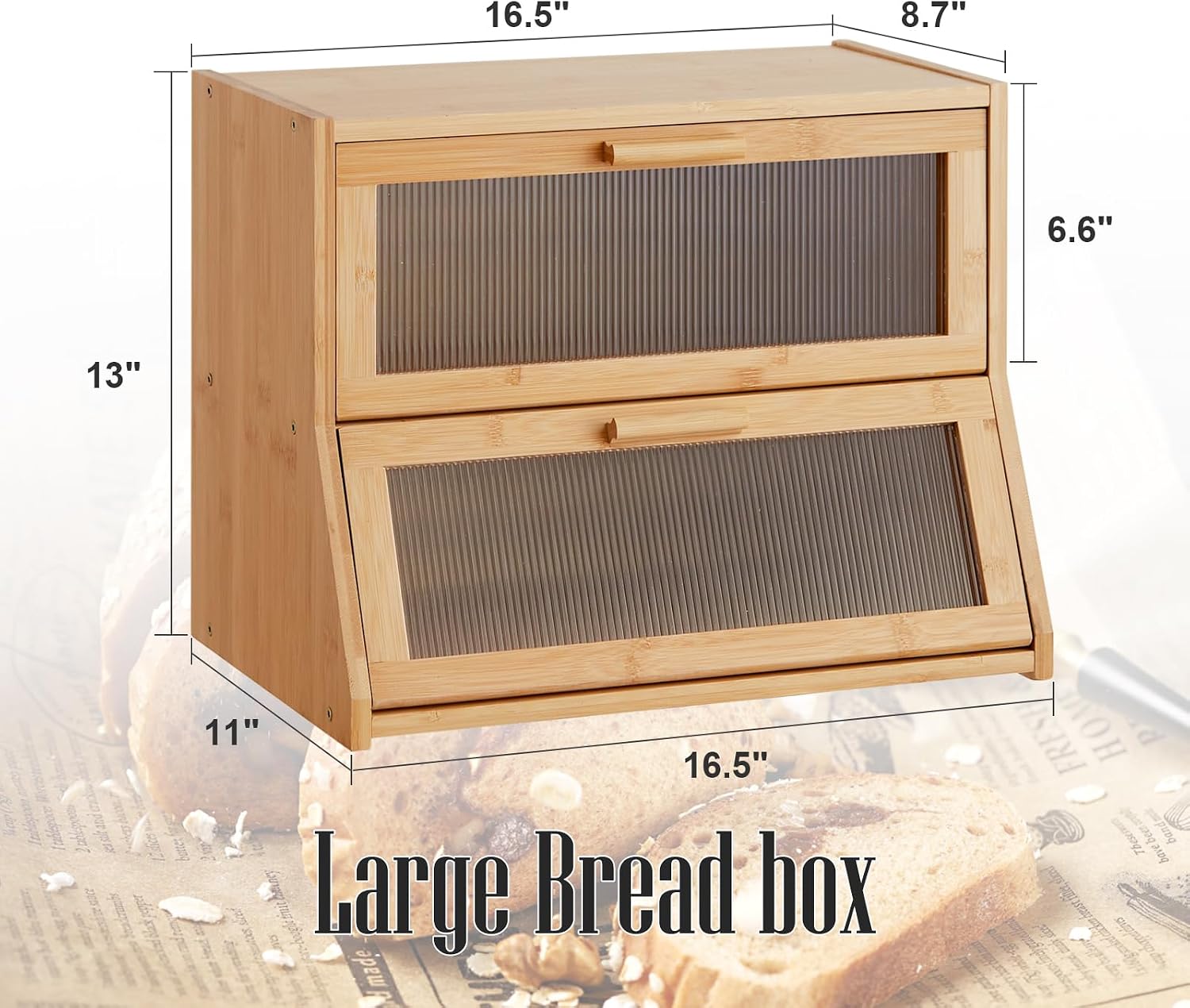 GHWIE Double Layer Bamboo Bread Box for Kitchen Counter,Large Capacity Bread Storage Bin,Bread Container with Acrylic
