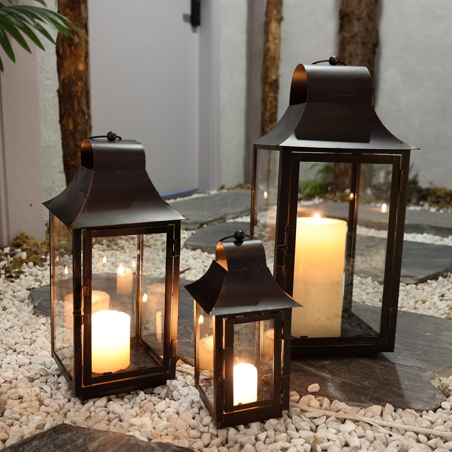 Lanterns Decorative Indoor & Outdoor, 22'' 16'' 11'' Large Candle Lanterns Decorative for Front Porch, Metal Frame