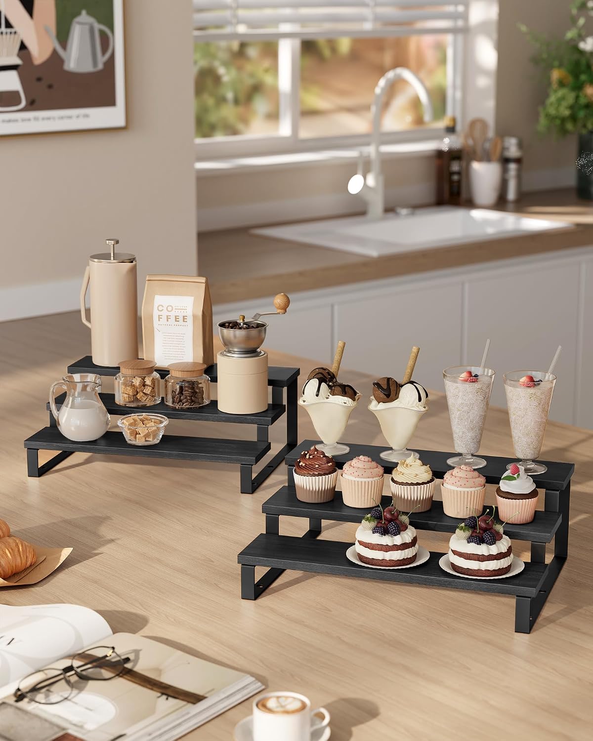 SONGMICS Display Risers, Set of 2 Engineered Wood Perfume Organizer Stand, 3-Tier Cupcake Stand Holder, Spice Rack