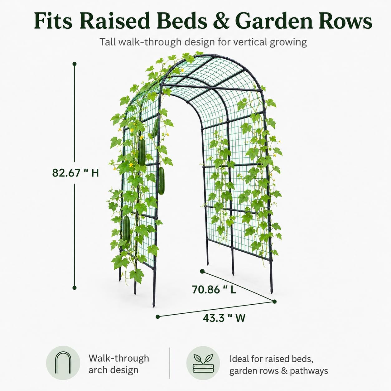 FOLLOOK Garden Arch Trellis for Climbing Plants Outdoor, 7.8 ft, Black | Cucumber Trellis for Raised Garden Bed