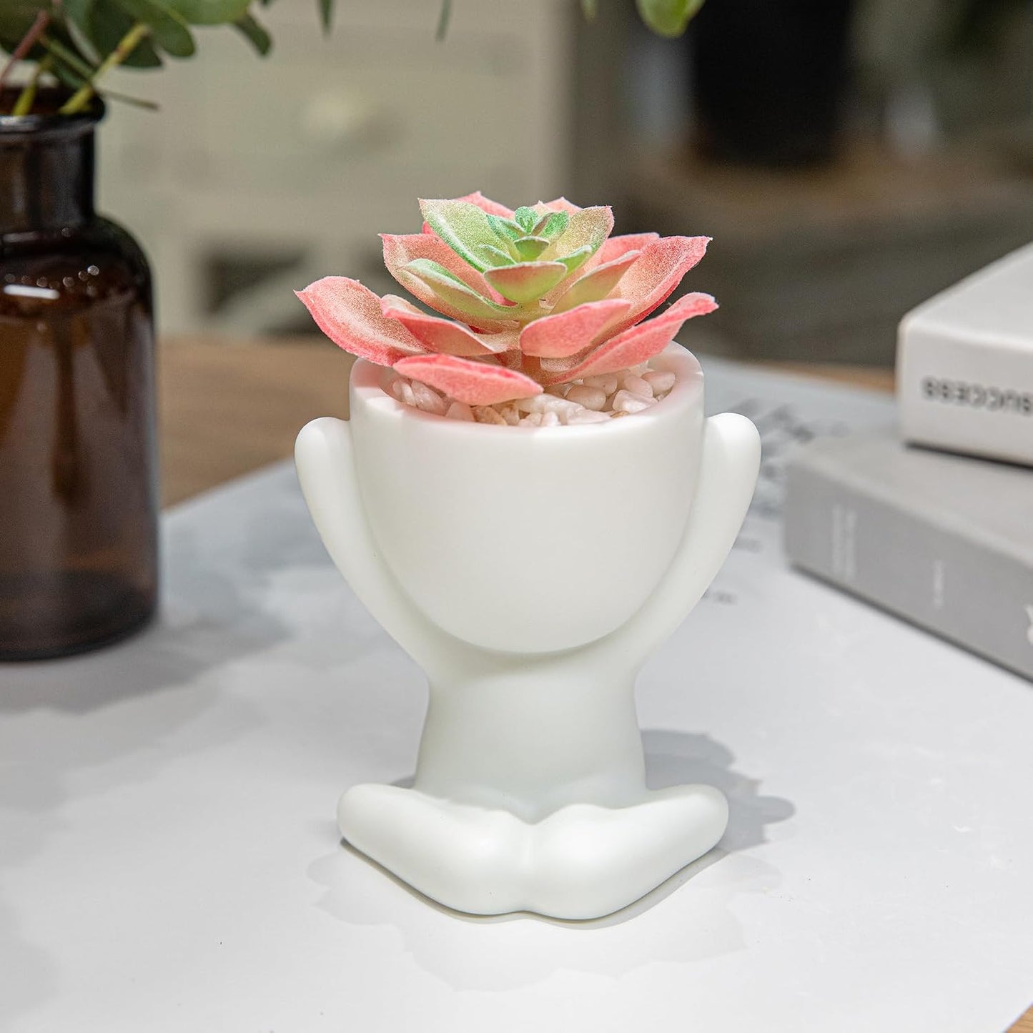 Artificial Plant Office Decor for Women and Men / Set, White Pots Pink Plant / Set of 3