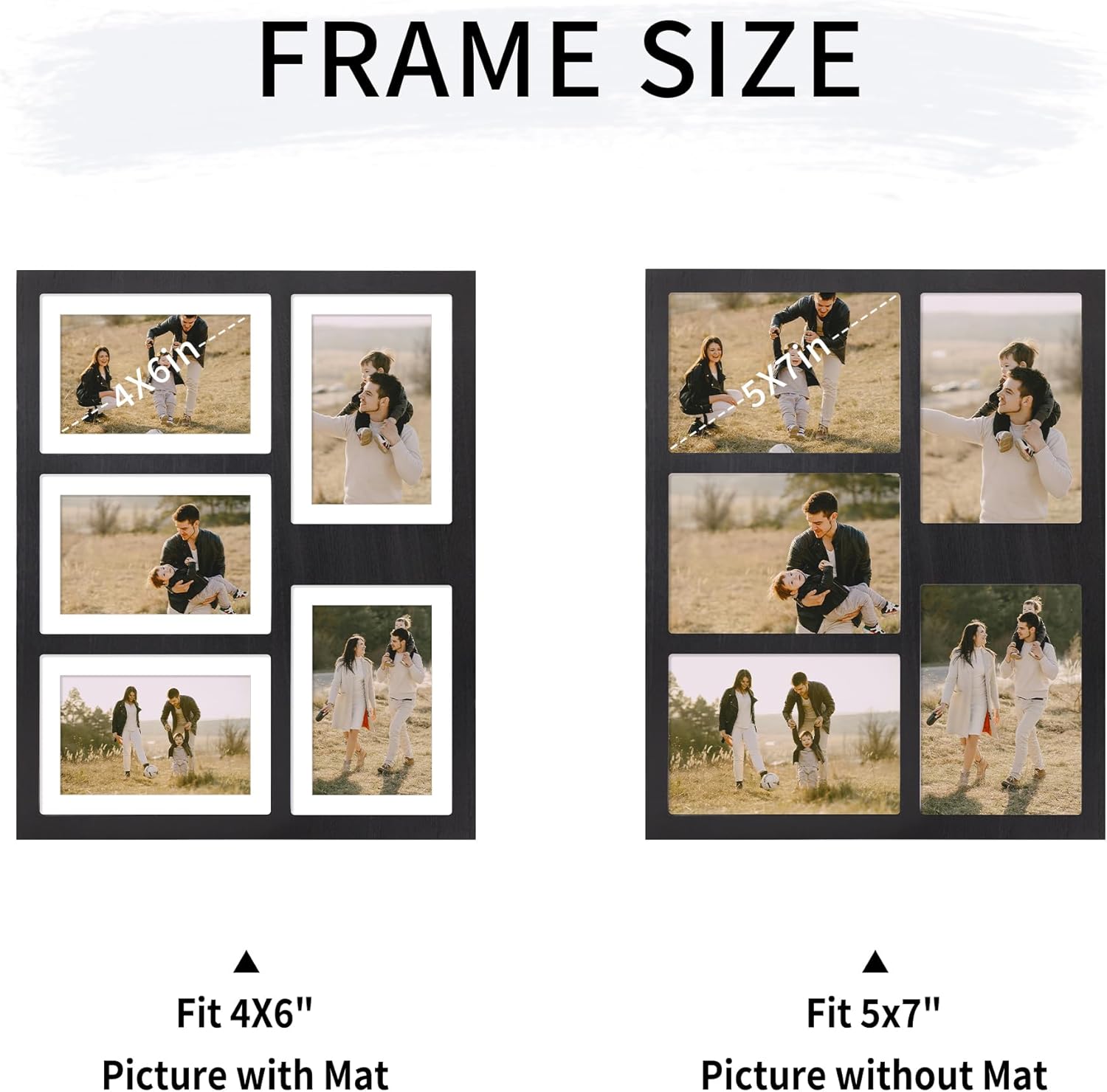 YESKAY 4x6 or 5x7 Picture Frames, Black Rustic Wooden Frame with Real Glass, Displays Pictures Five 4x6 with Mat or