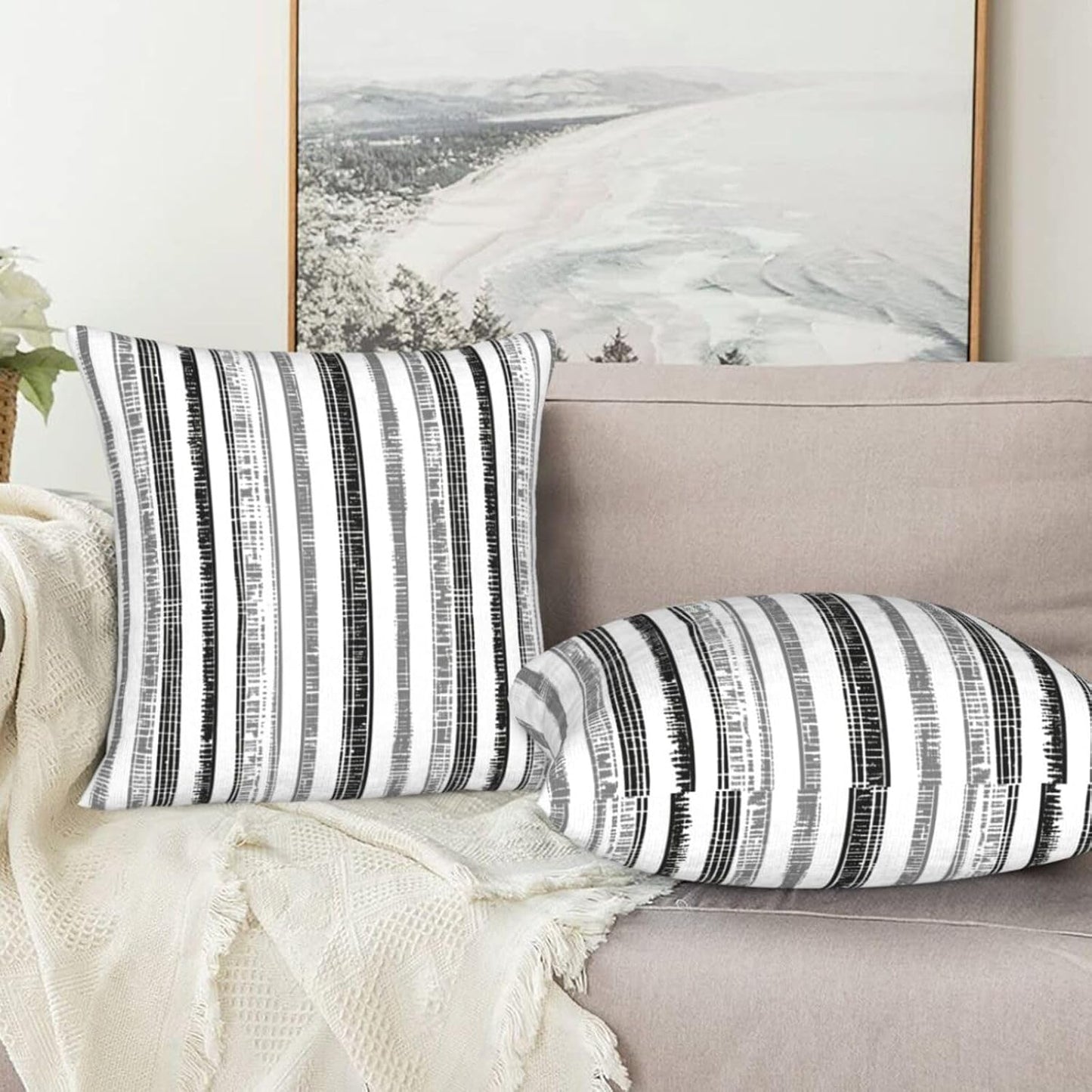 Boho Black White Grey Striped Throw Pillow Covers / 18 x 18 / Boho Black Grey Striped / Set of 2