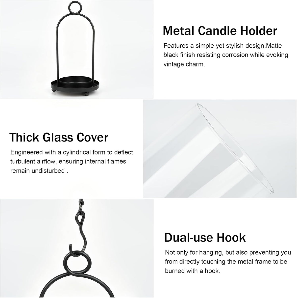 Glass Hurricane Candle Holder Decorative Black Metal Pillar Candle Lantern | Set of 2, Hanging Candlestick Holders