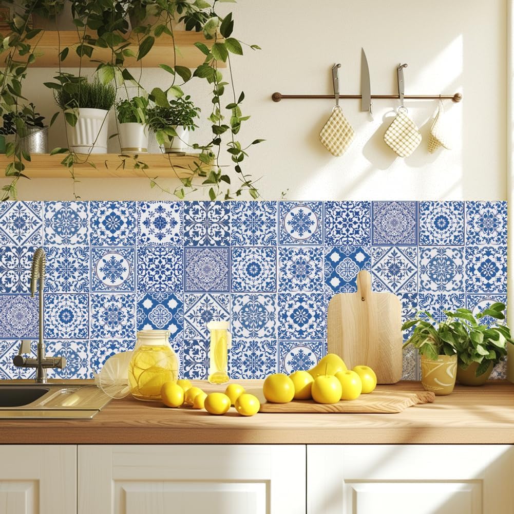 White Tile Stickers Mosaic Style Peel and Stick Backsplash Tile Stickers DIY / Blue / Set of 36