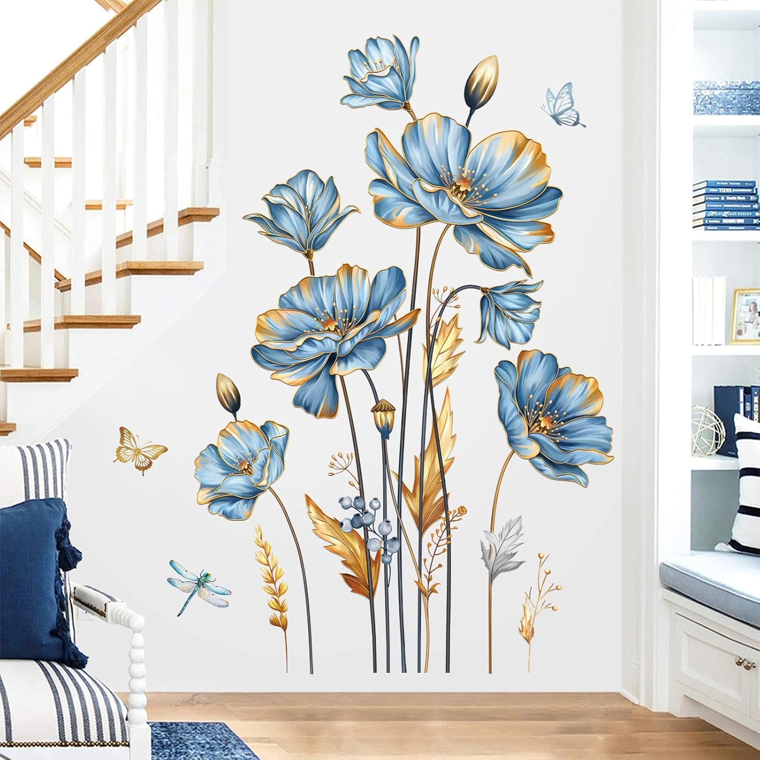 Large Flower Wall Stickers Floral Butterfly Plants Gold Leaves Wall Decals Bedroom Living / Blue