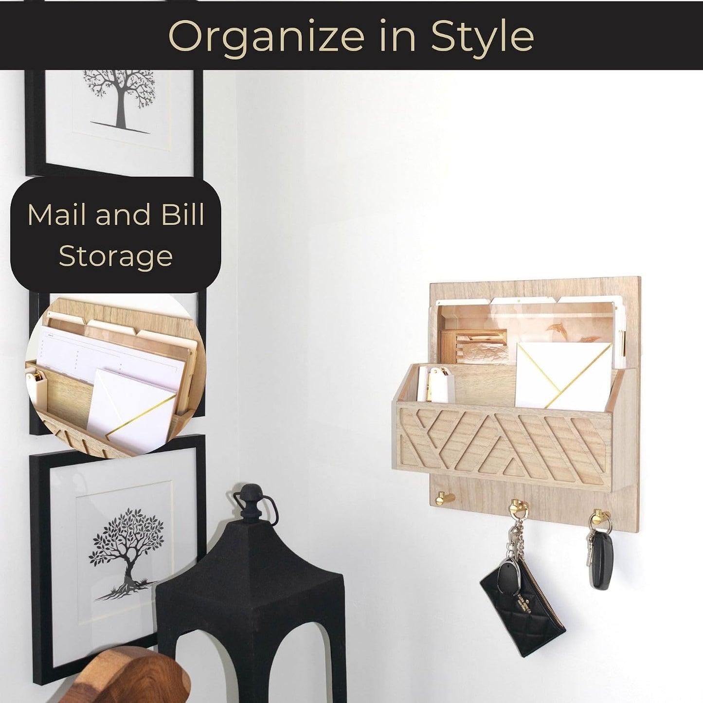 3 Hooks / 2-Tier Letter Organizer / Natural Wood