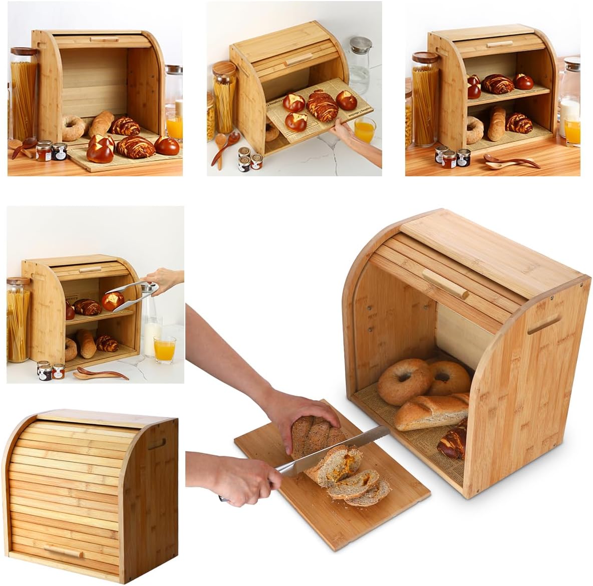 G.a HOMEFAVOR Bread Box, 2 Layer Bamboo Bread Boxes for Kitchen Food Storage, Large Capacity Bread Keeper Roll Top with