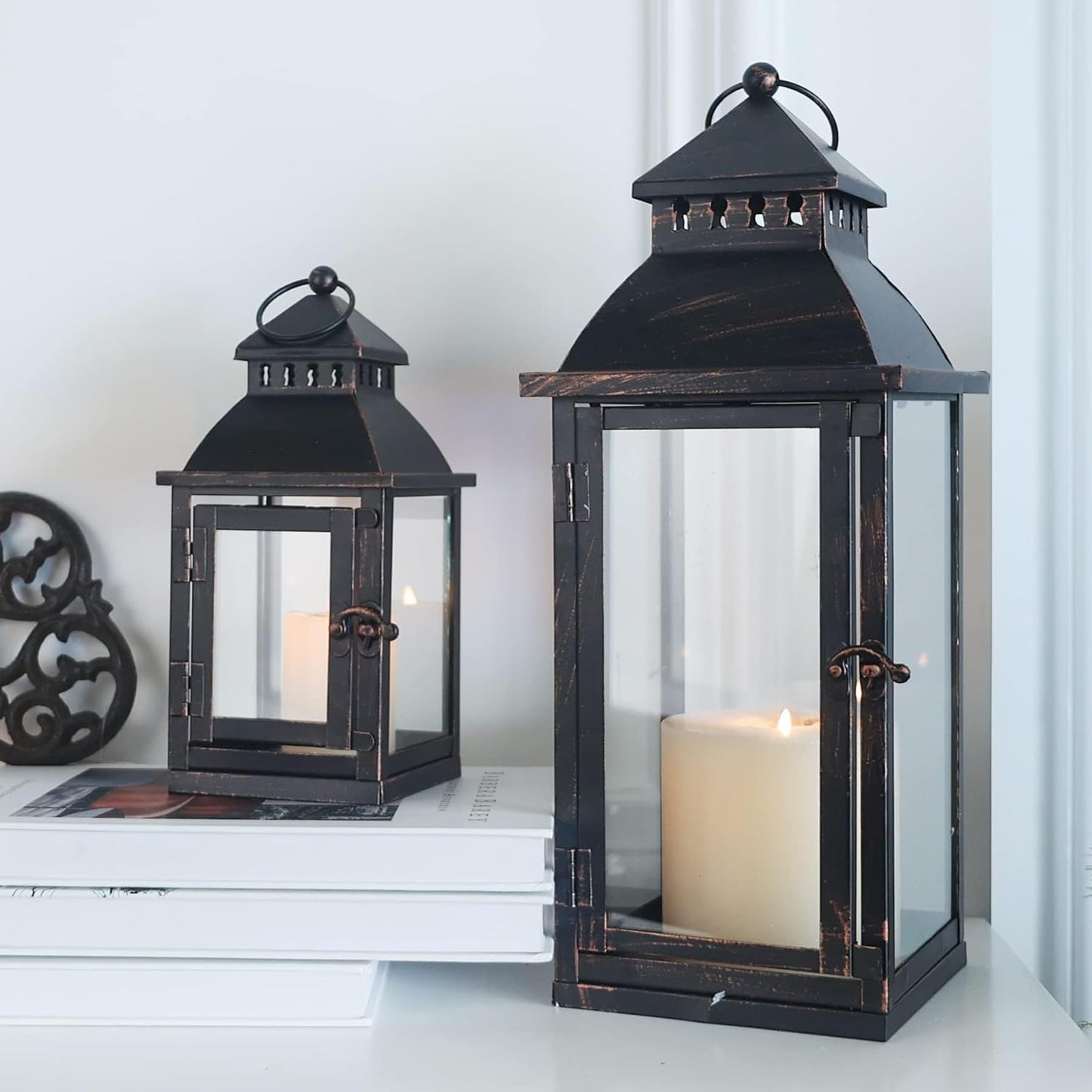 NEEDOMO Lanterns Decorative Outdoor&Indoor, Set of 2 Large Bronze Metal Lantern Decor with Glass, Candle Holder for