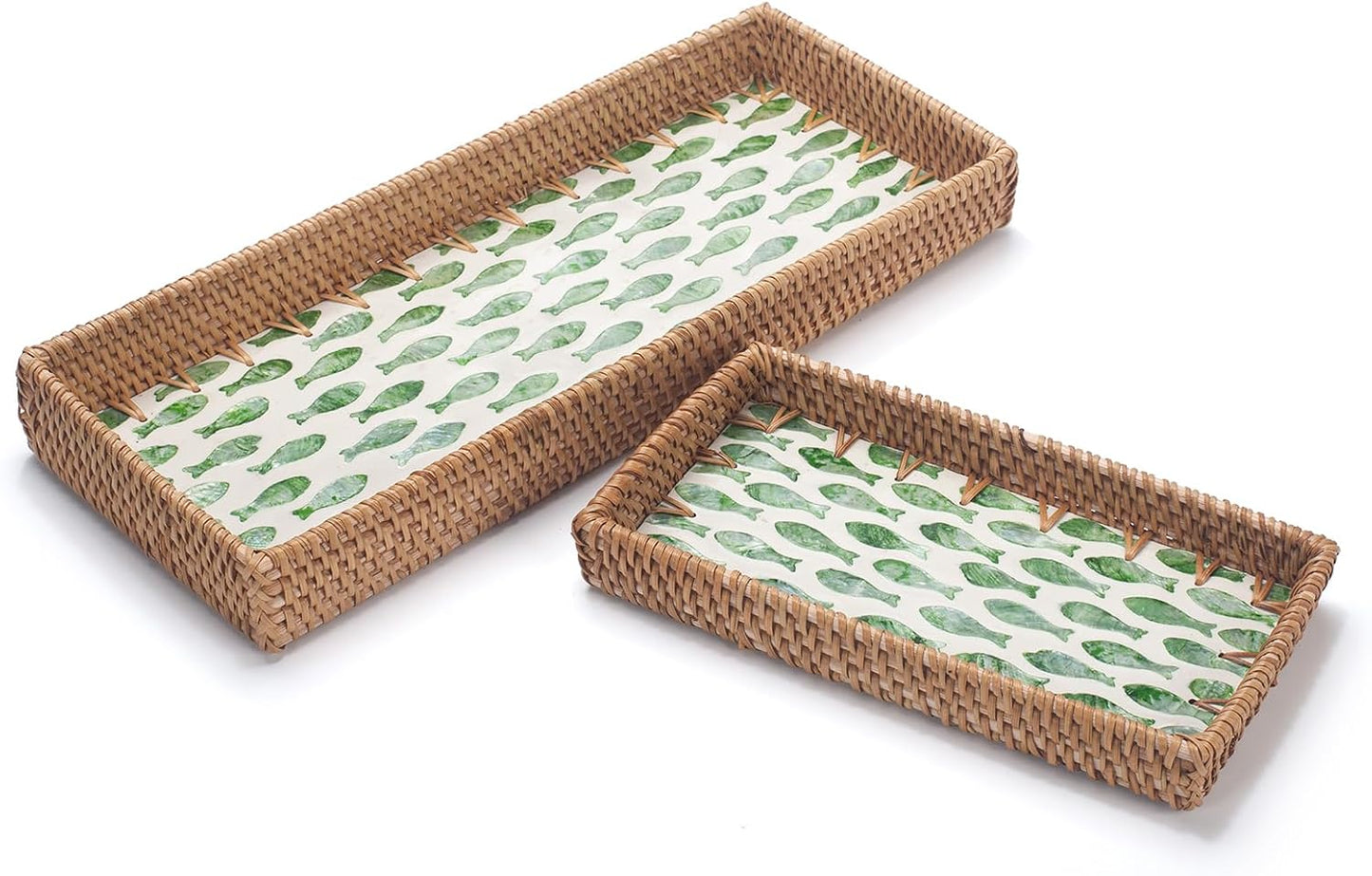 Rattan Bathroom Vanity Tray / Green Fish / Set of 2