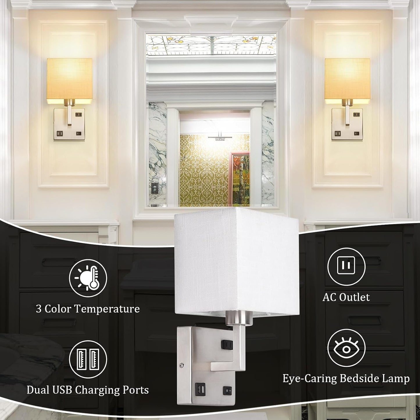 AVV Bedroom Sconces Set of 2, Wall Mounted Bedside Lamps with USB Port, AC Outlet and 3 Color Selectable