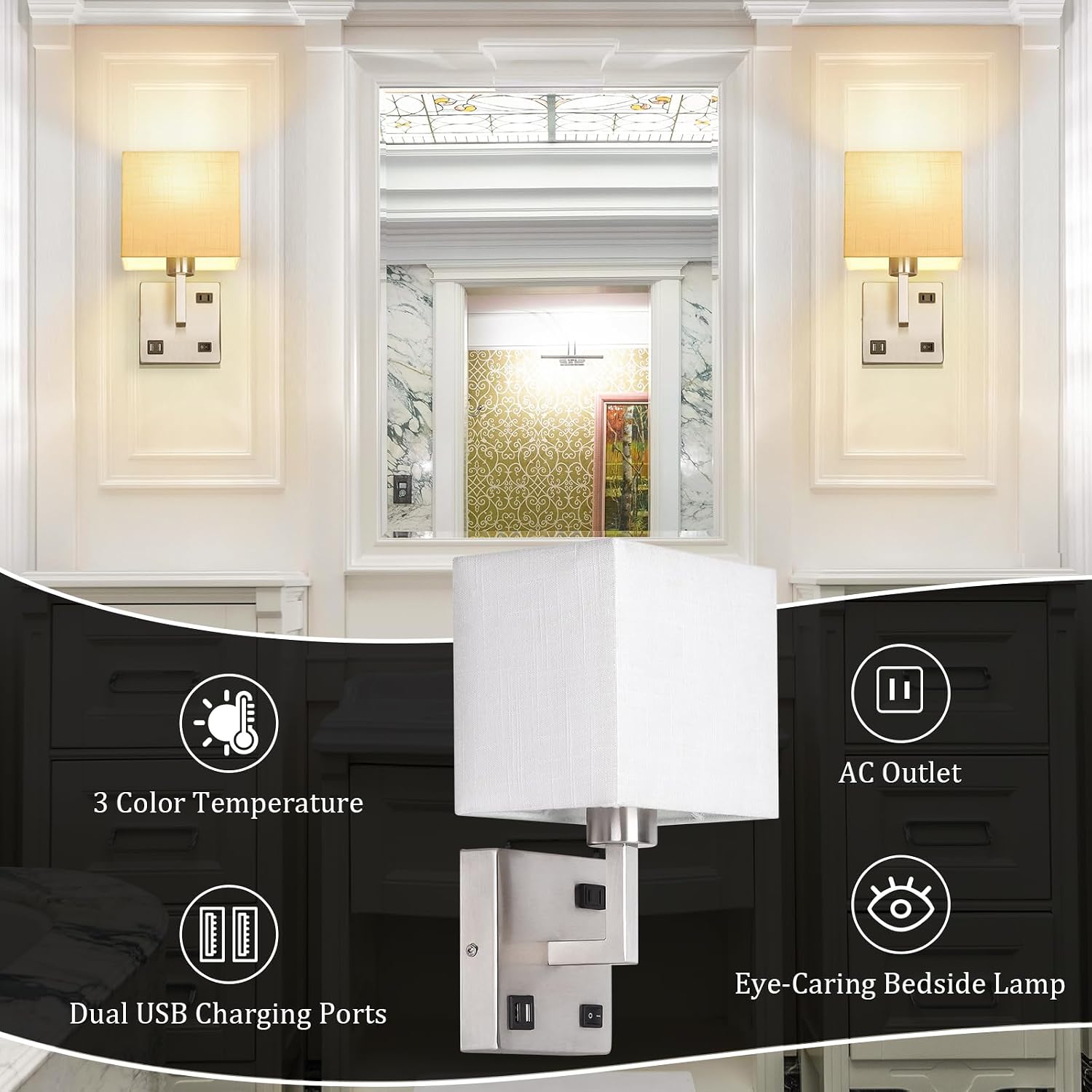 AVV Bedroom Sconces Set of 2, Wall Mounted Bedside Lamps with USB Port, AC Outlet and 3 Color Selectable