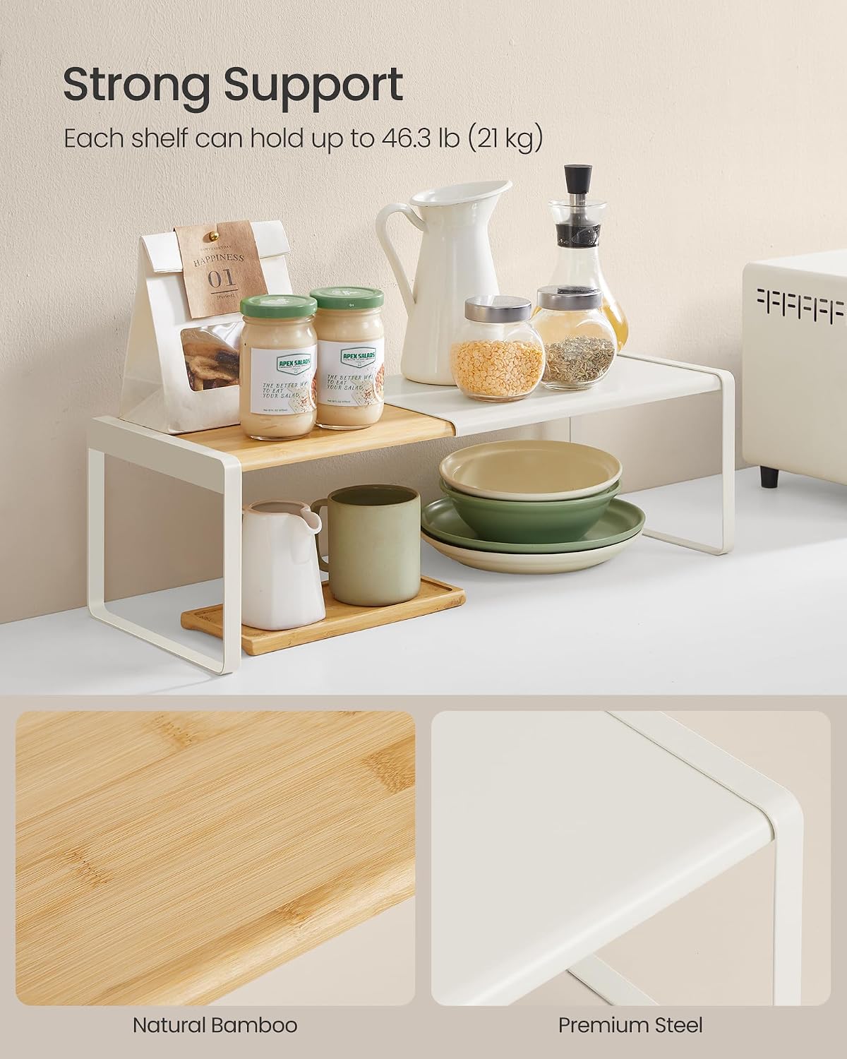 SONGMICS HOME Spice Rack, Expandable Cupboard Shelf Orgnizer,Bamboo | Kitchen Counter Shelves, Bamboo and Metal