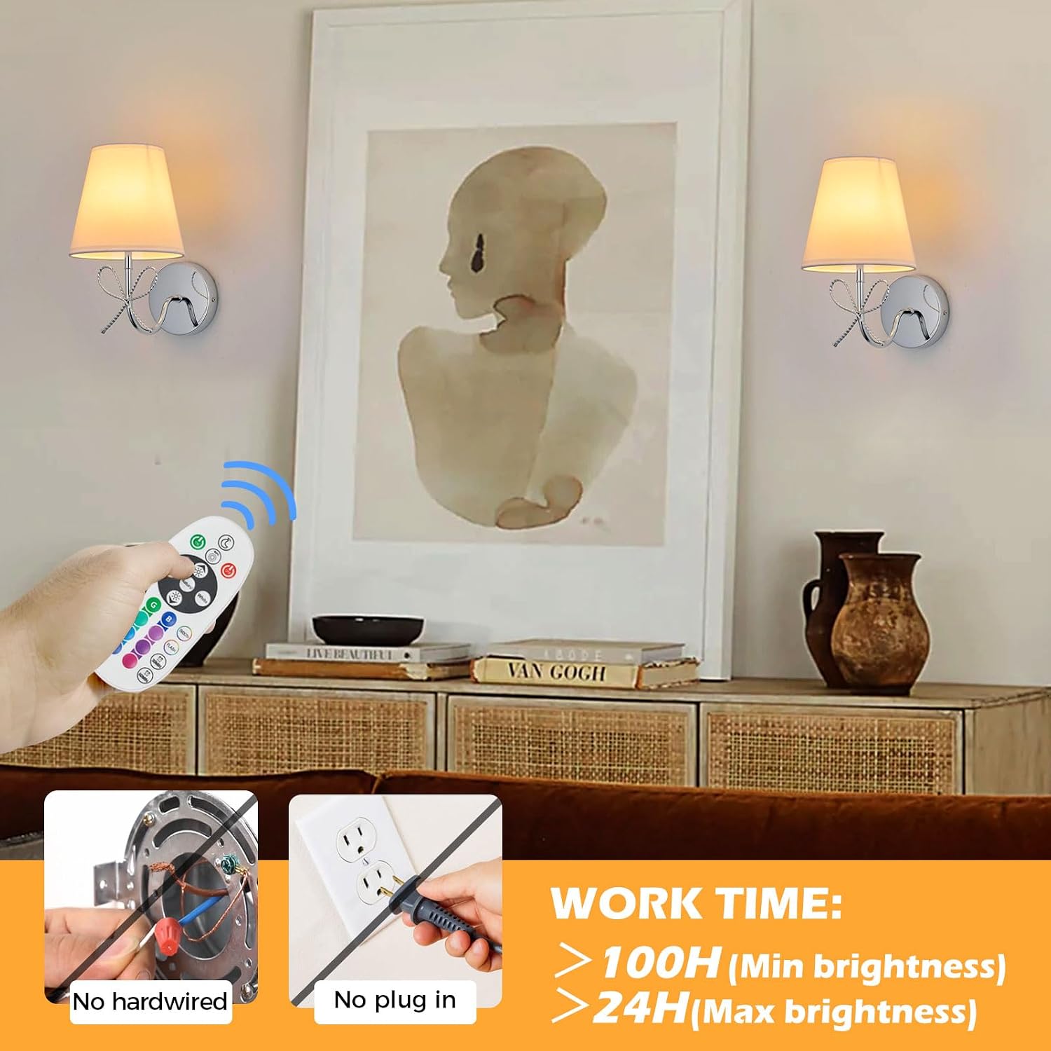 PASSICA DECOR 2 Pack Rechargeable Battery Operated Wall Sconces Set of Two, Wireless Cordless Wall Lights with Remote