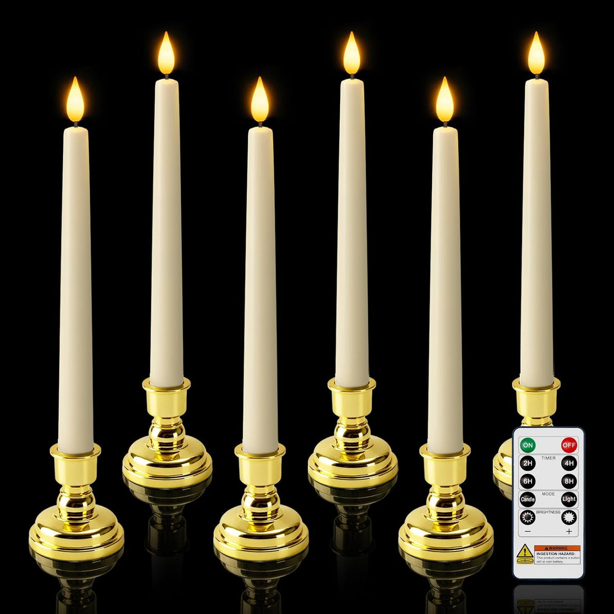 6 Pcs Window Candles with Remote and Timer, Flameless Taper Candles with Gold Holders, Battery Operated Christmas Candle, Ivory LED Candlesticks for Home Window Holiday Xmas Decor