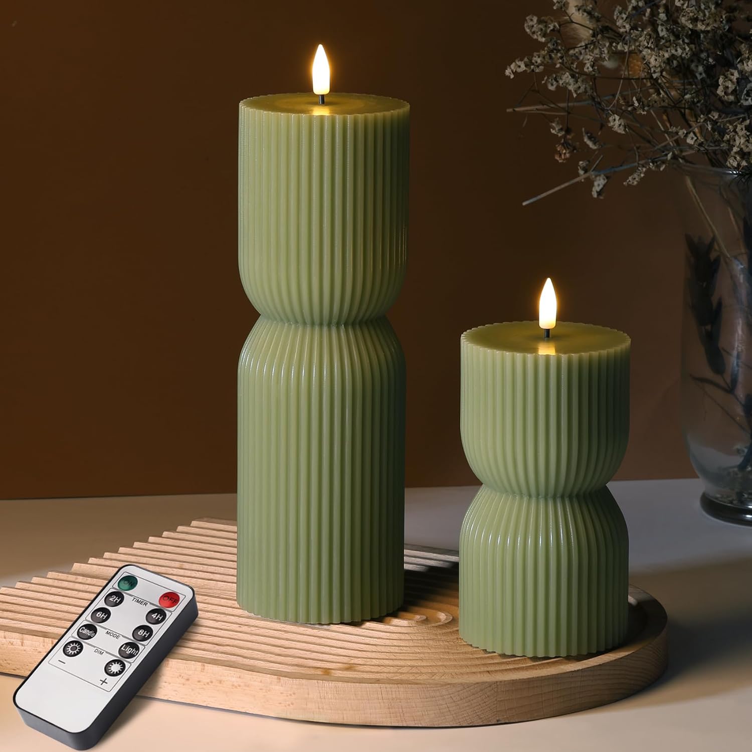 Hot Pink Ribbed Flameless Pillar Candles with Remote Set of 2