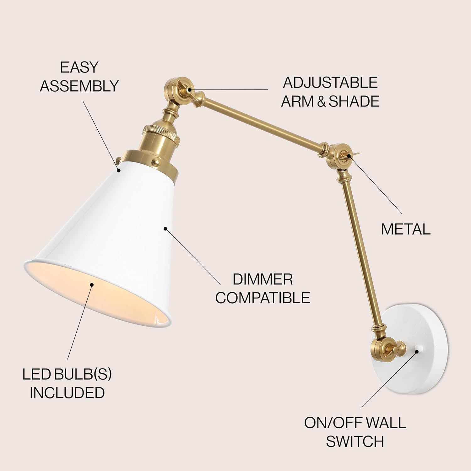 JONATHAN Y Rover 1-Light Wall Sconce 7", White/Brass Gold | Adjustable Arm, Hardwired Bedside Reading Swing Arm