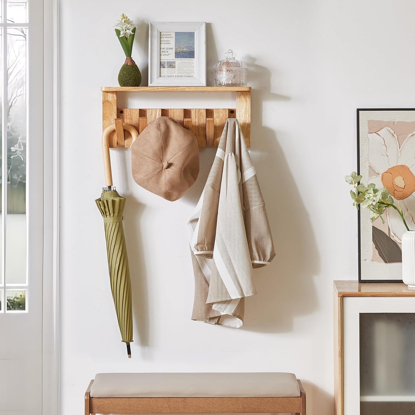 Piano Key Coat Rack Wall Mount with Shelf and 12 Hooks, Natural HWS008N-2 | Solid Wood Wall Mounted Coat Rack with