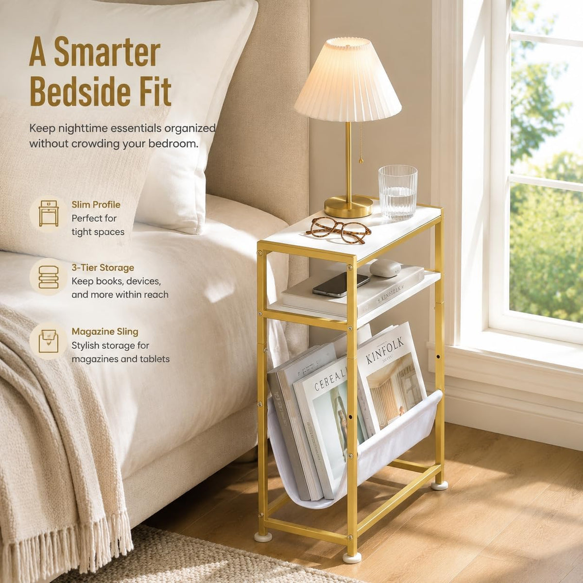 Narrow End Table for Small Spaces - Slim Side Table with Magazine Holder,2 in 1 Design Narrow Coffee Table Living