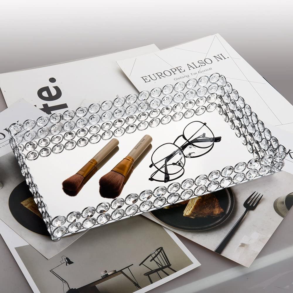 Crystal Perfume Tray Cosmetic Vanity Makeup Tray Mirrored Jewelry Trinket Rings Earrings / Silver