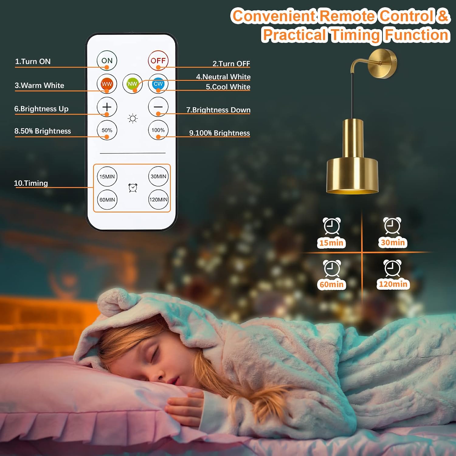 Gold Wireless Battery Operated Wall Sconces Set of 2 with Remote Control | Dimmable Wall Lamp with 3000K-6000K