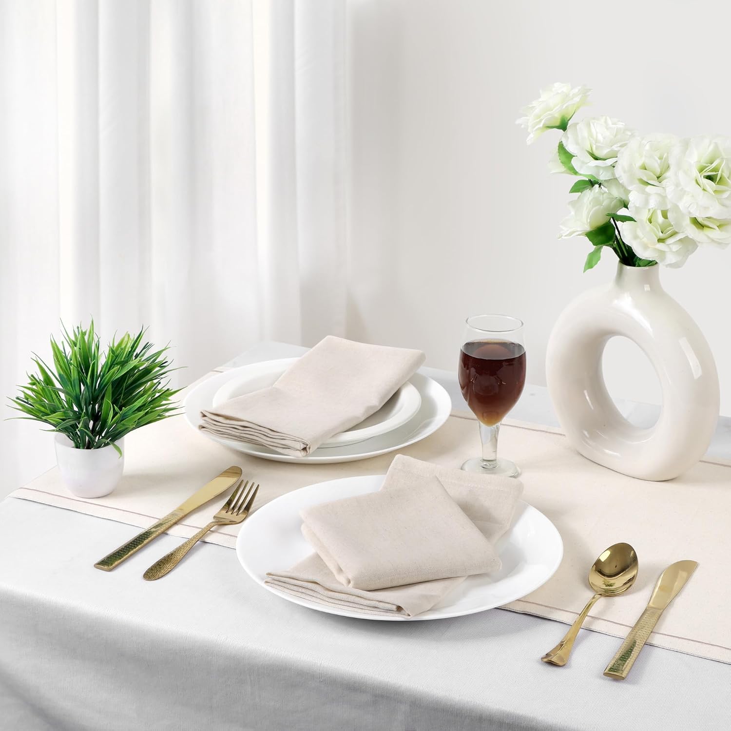 FINGERCRAFT Cloth Napkin, Cotton Linen, Set of 12, 20x20 inch, Ivory | Mitered, premium quality, soft, absorbent