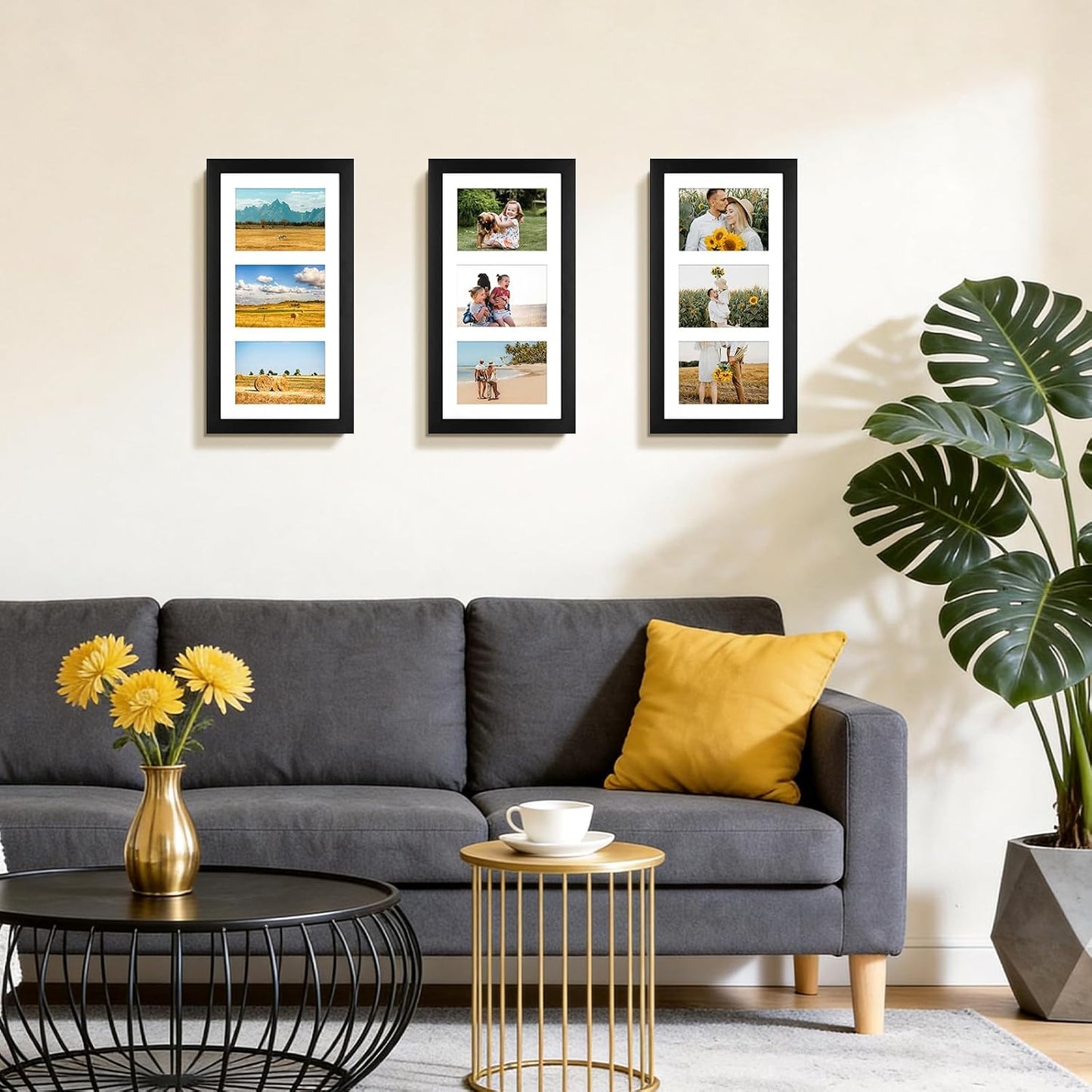 Golden State Art 9x18 Black Wood Frame - for Three 5x7 Pictures, 10 Pack | Matted to 3 5x7 Picture,Solid Wood Collage