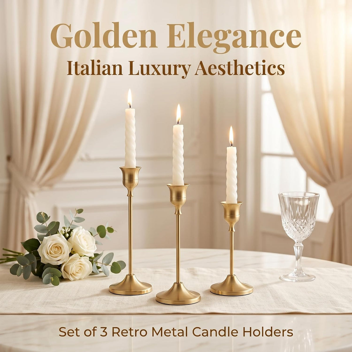 12 Pcs Gold Candlestick Holders, Vintage Metal Candle Holders Taper Candle Stands, Tall Golden Brass Tapered Candle