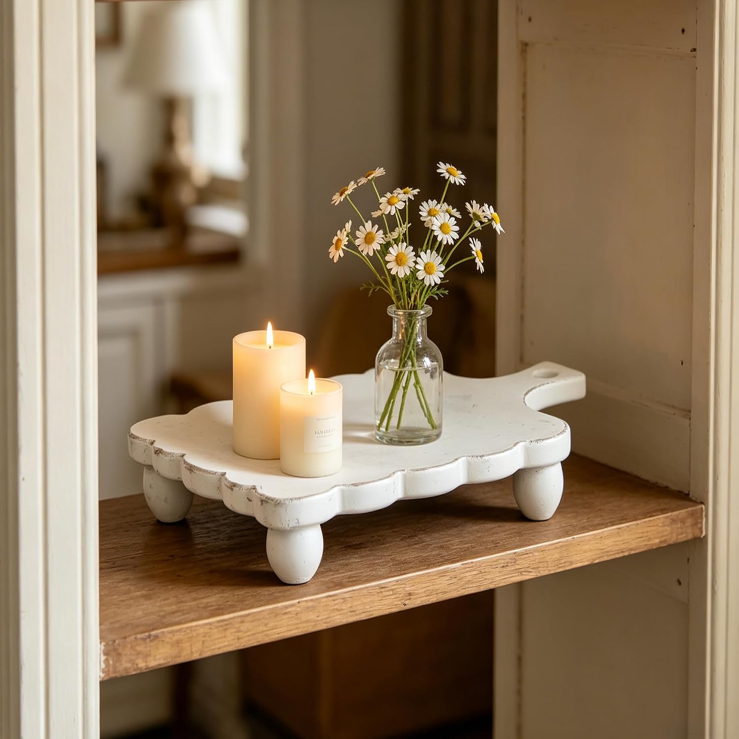 Rustic Wooden Trays Riser- Farmhouse Pedestal Stand / White / Set of 2