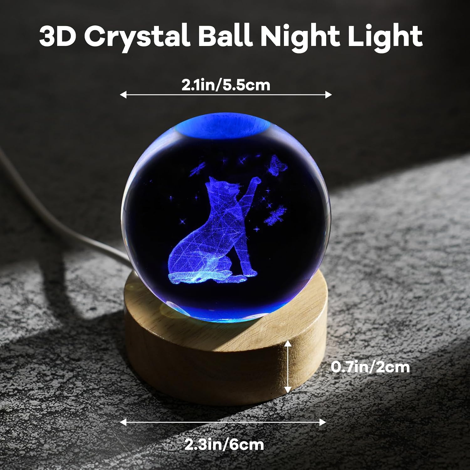 3D Crystal Ball Night Light Table Lamp Decor / Cat / 2.4 Inch