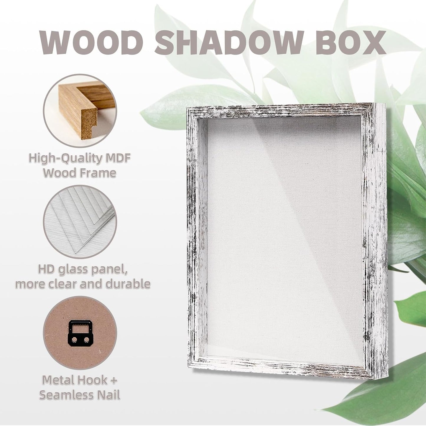Muzilife 11x14 Shadow Box Wood Picture Frame, Tempered Glass, Rustic White | FSC-Certified MDF | Soft Acid-free Linen