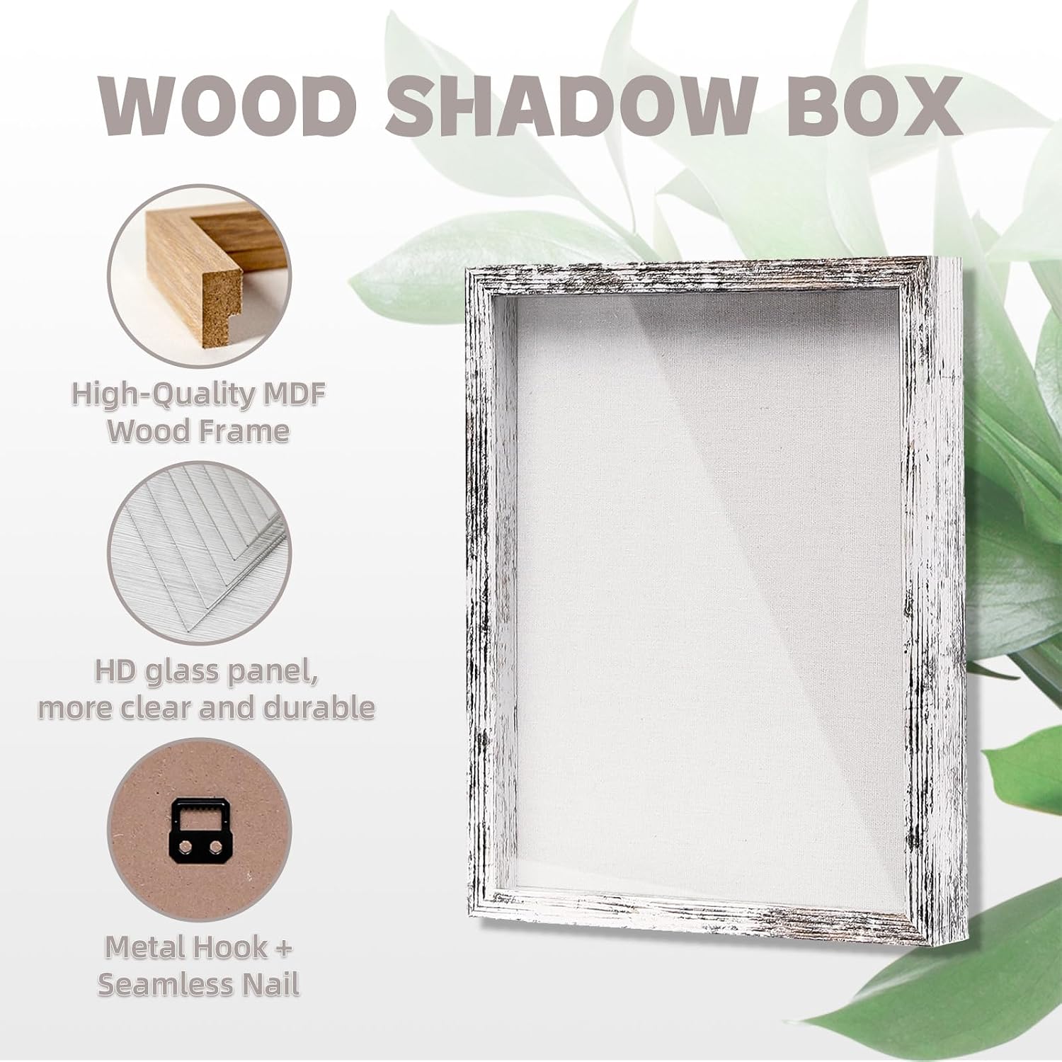 Muzilife 11x14 Shadow Box Wood Picture Frame, Tempered Glass, Rustic White | FSC-Certified MDF | Soft Acid-free Linen