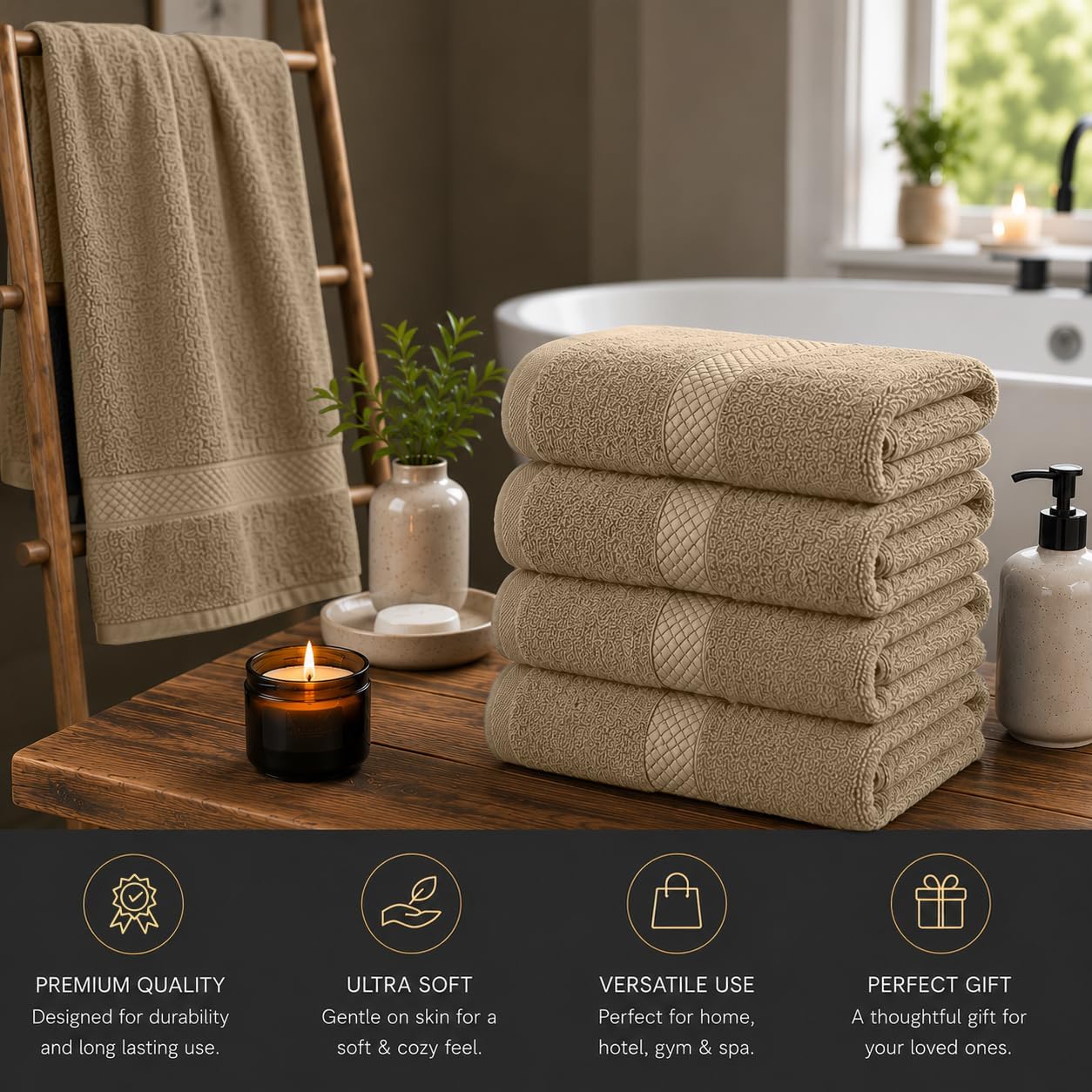 DAN RIVER 600 GSM Cotton Large Bath Towels Set of 4, 27 x 54 Inches, Tan | Larger & Lighter Weight Towels for Bathroom