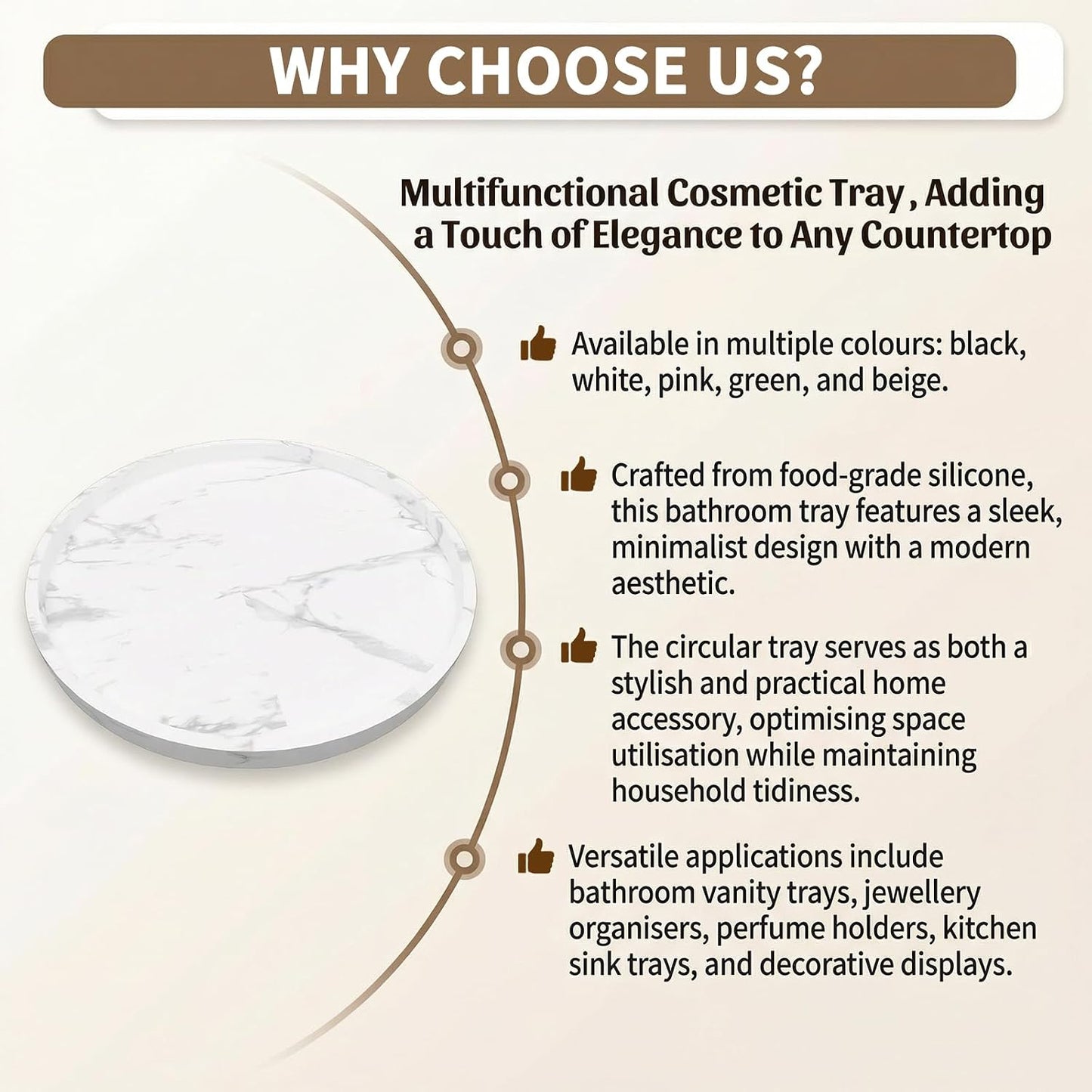 Counter Tray / Round Silicone Decorative Bathroom Vanity Tray / Marble White / 9.1 / 9.06 Inch