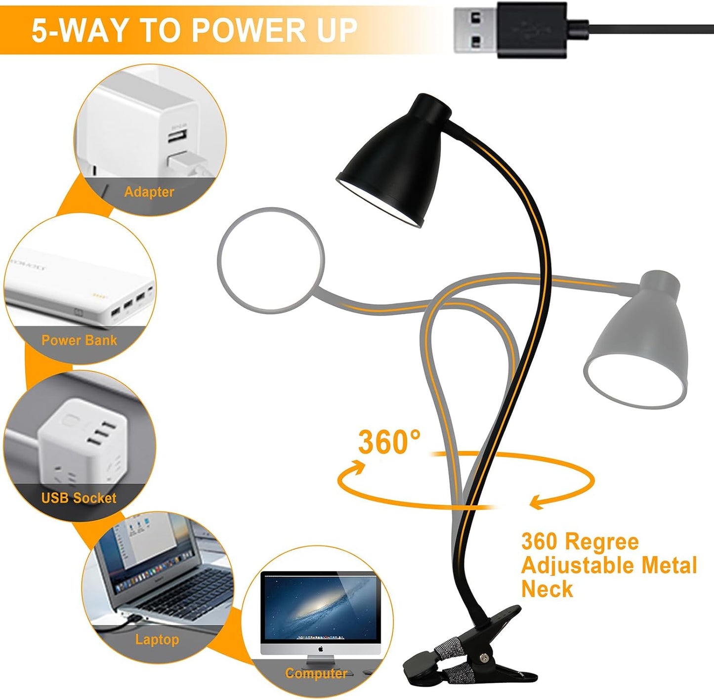 BOHON Desk Lamp 5 Color Modes 10 Brightness Dimmer Reading Light Black | 10W 38 LED Clamp Lamp with Auto Off Timer 360°