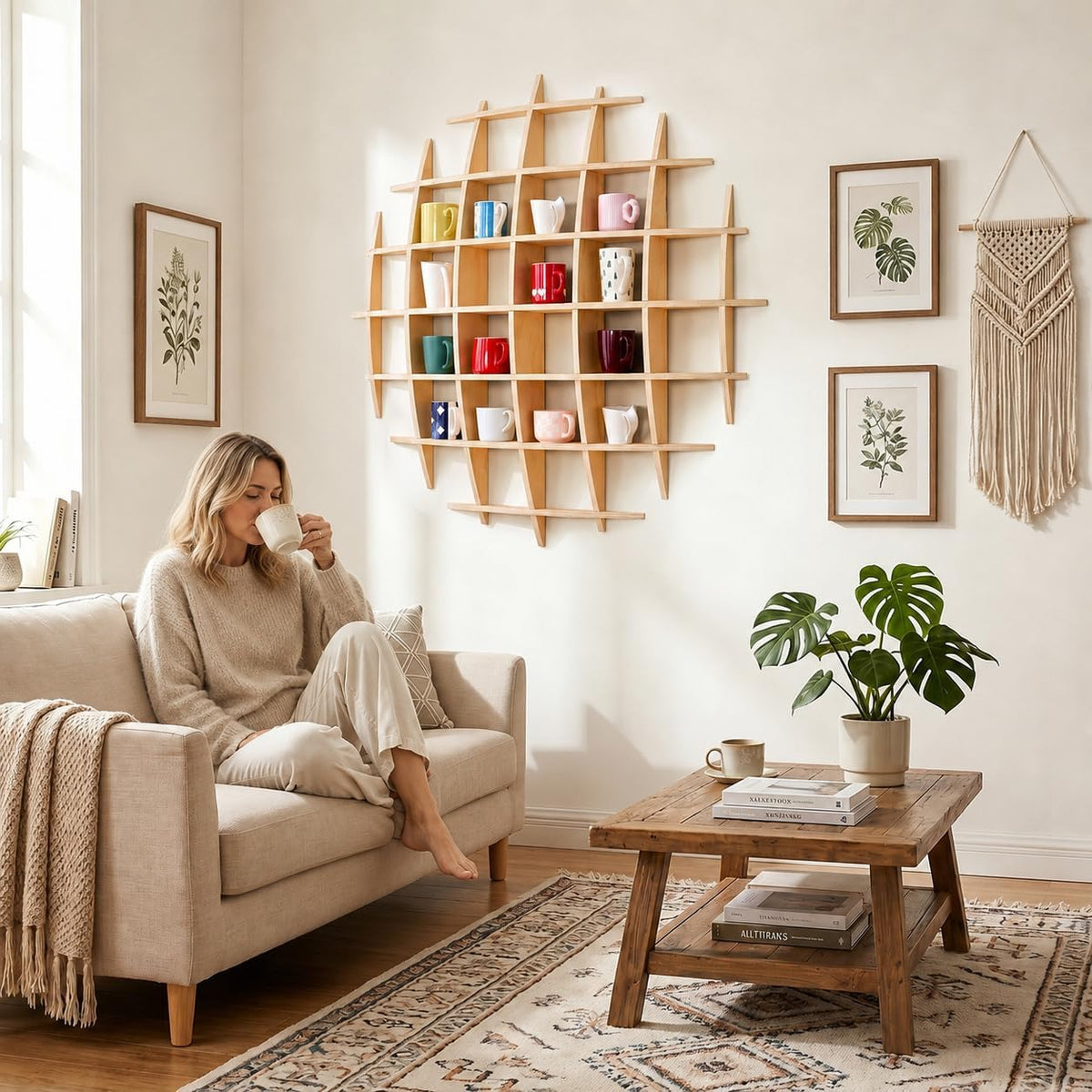 46 x 46 Inch Oversize Wooden Coffee Mug Display Shelf for Wall | Wall-mounted mug holder, floating curio shelf and tea
