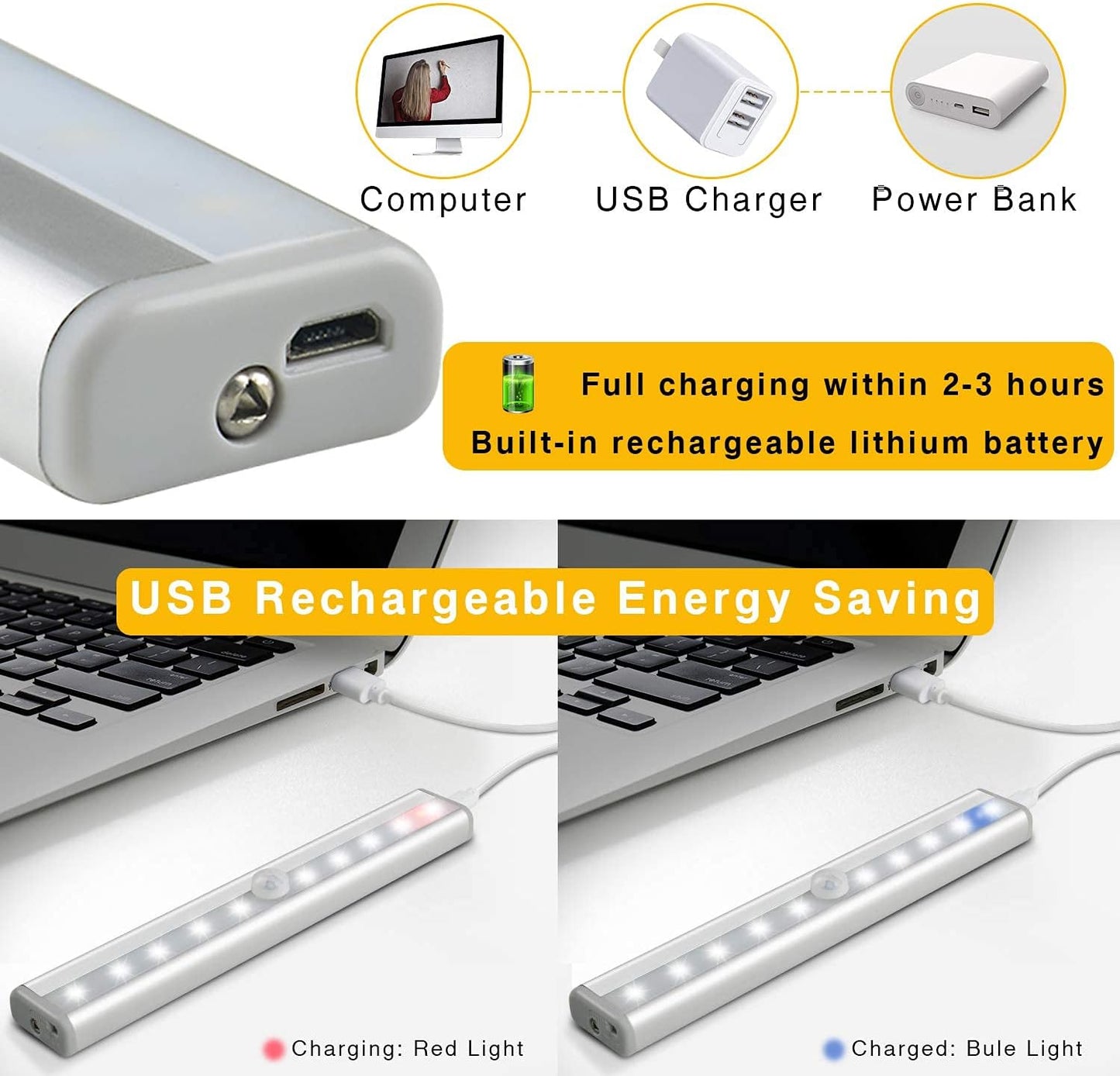 Under Cabinet Lighting with Remote, 3 Color Temps,4 Pcs | Wireless Rechargeable, 20-LED Dimmable, 10 Level Brightness