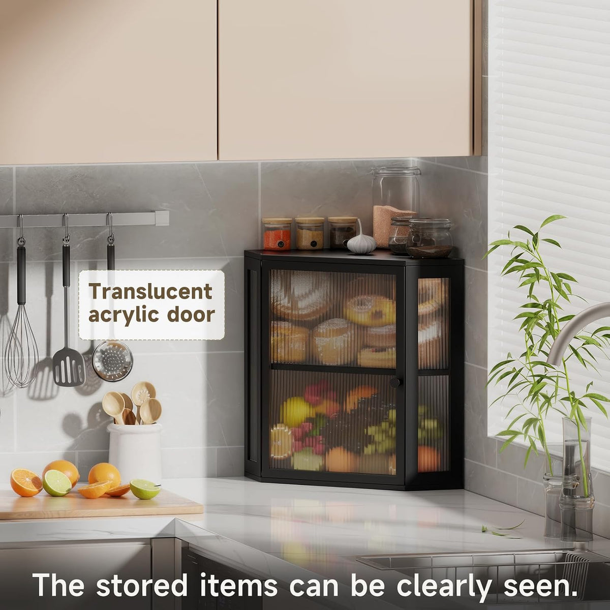 Corner Bread Box for Kitchen Countertop,Bread Storage (Black, Extra Large) | Double Layer Large Capacity Bamboo Bread