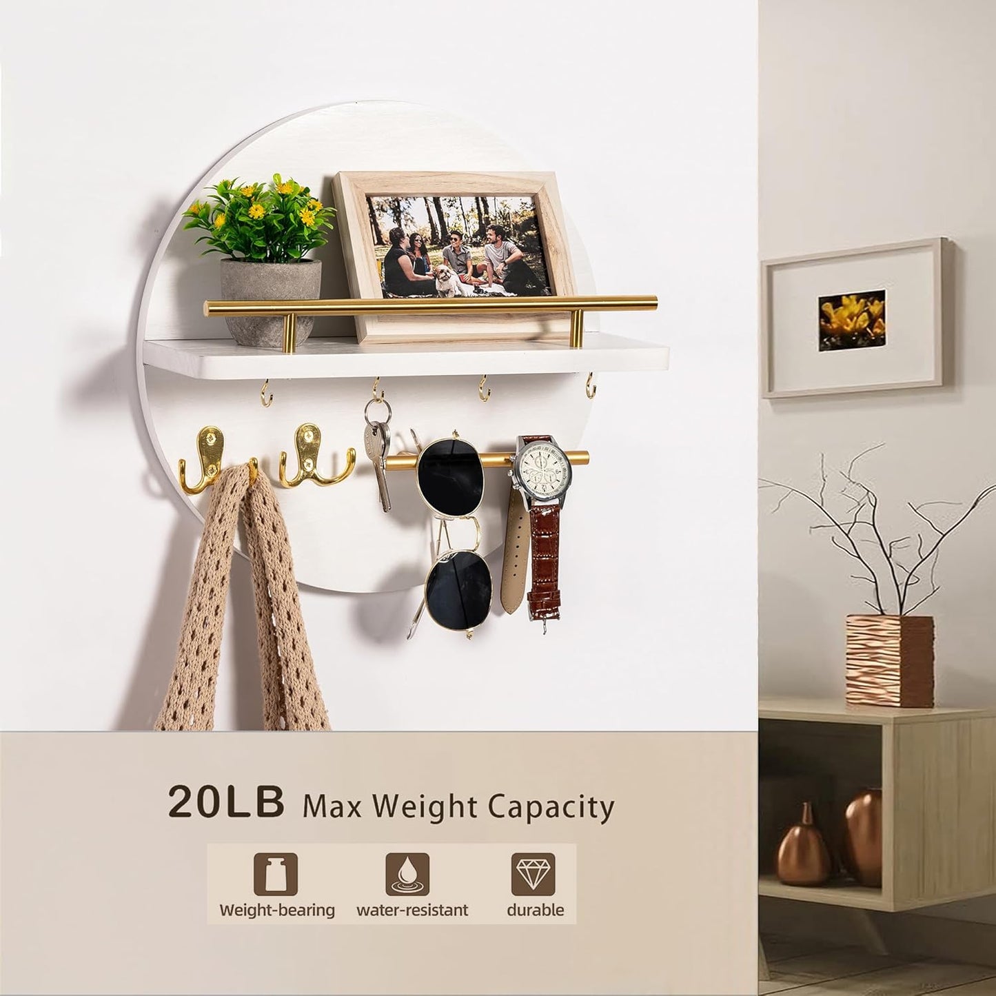 Key Holder / Shelf and Hooks / White